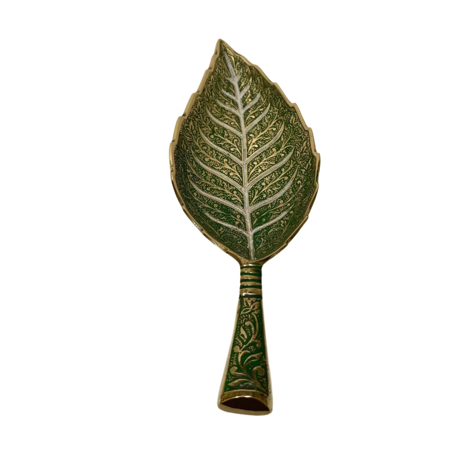 Decorative leaf-shaped hand mirror with intricate designs on a white background