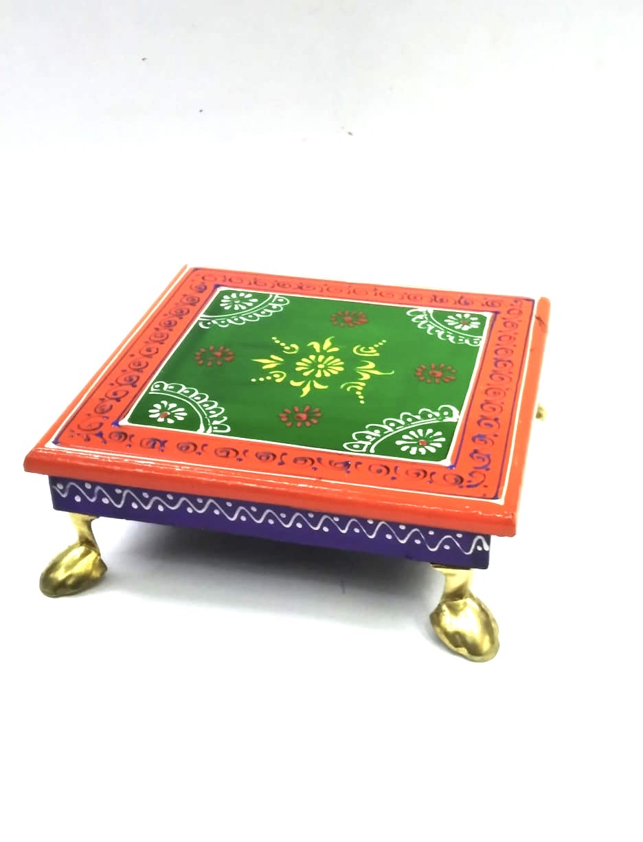 Hand Painted Wooden Bajoth Color With Metal Legs Handcrafted By Tamrapatra