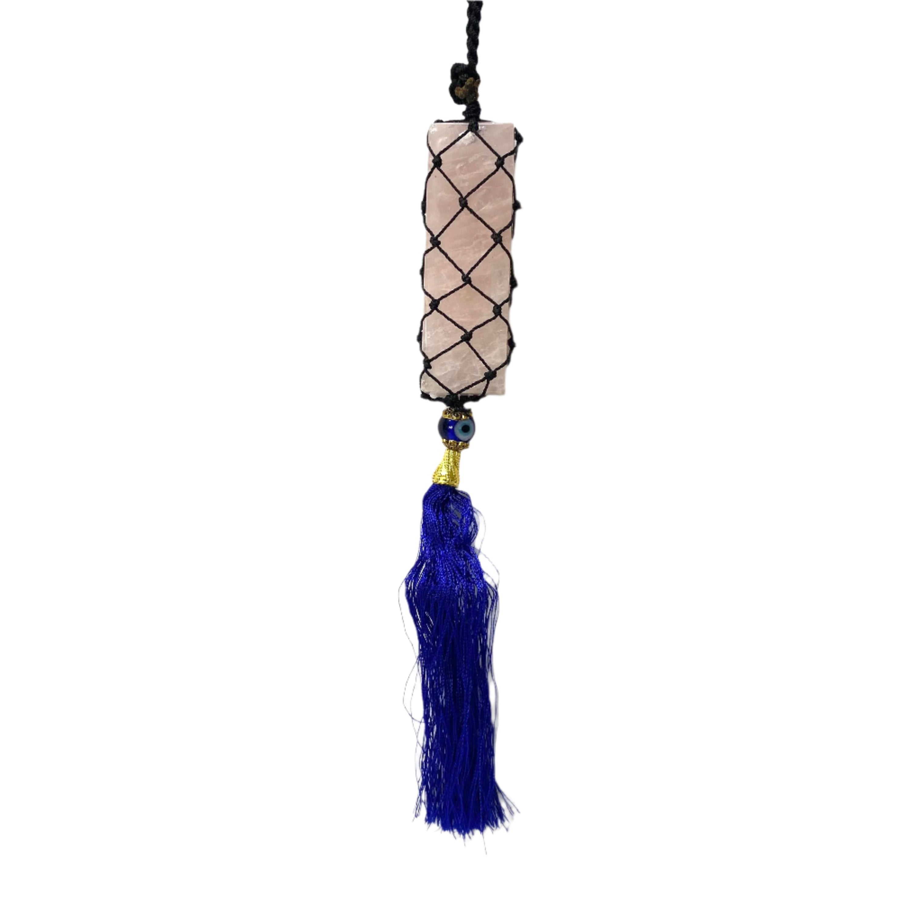 Decorative hanging with a geometric design and blue tassel on a white background