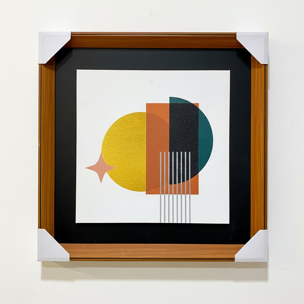 Framed abstract art piece with geometric shapes on a textured wall.