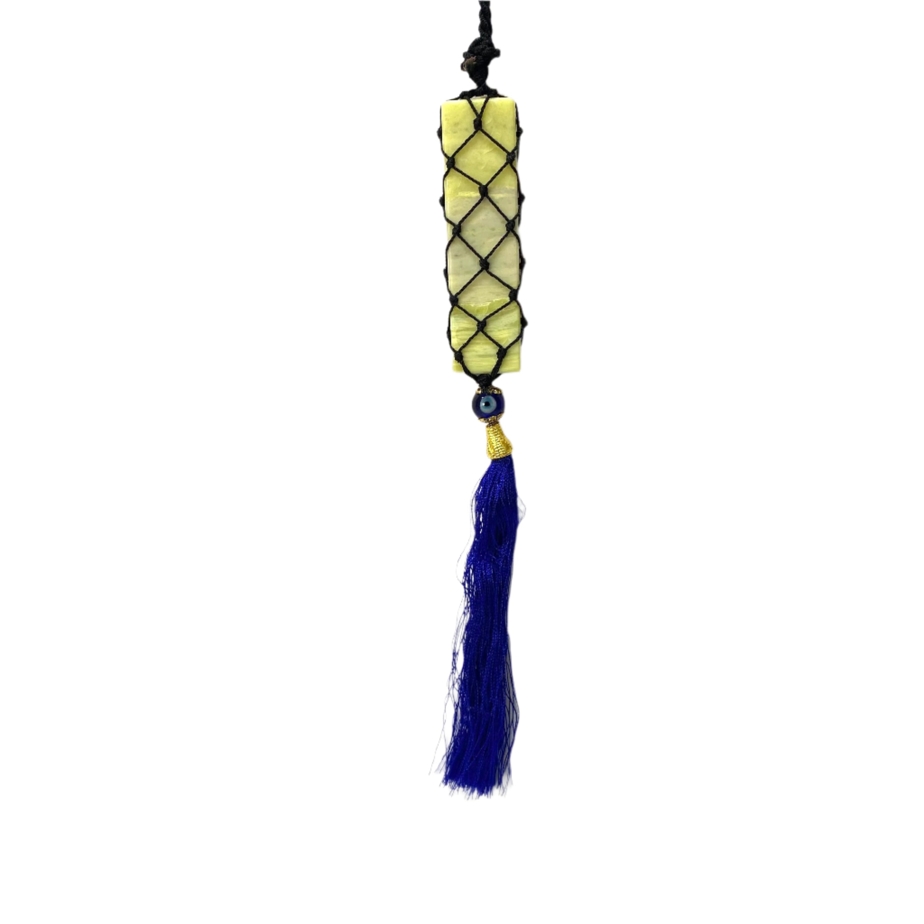 Decorative item with braided design and blue tassel on a white background