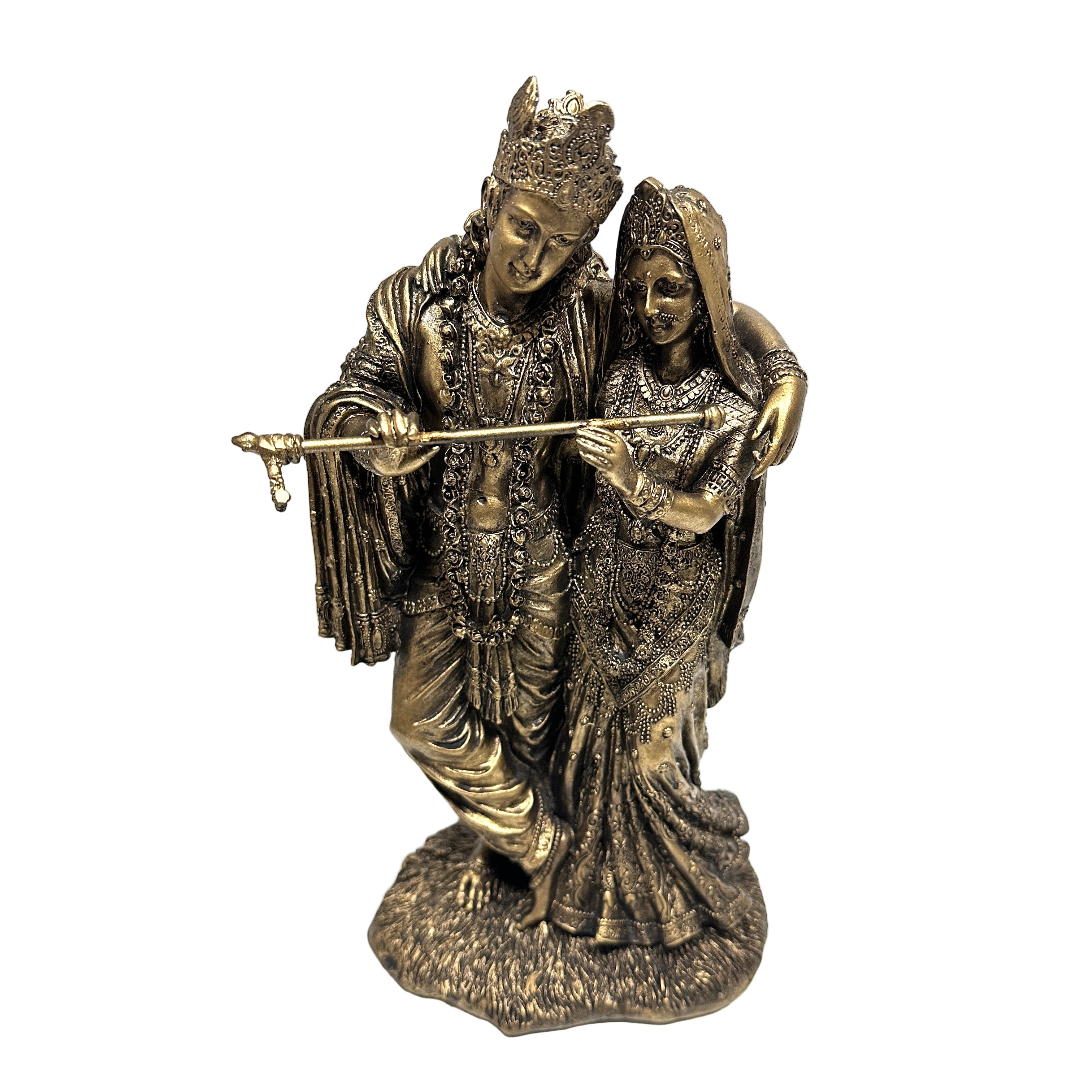 Bronze statue of a couple holding hands with a white background