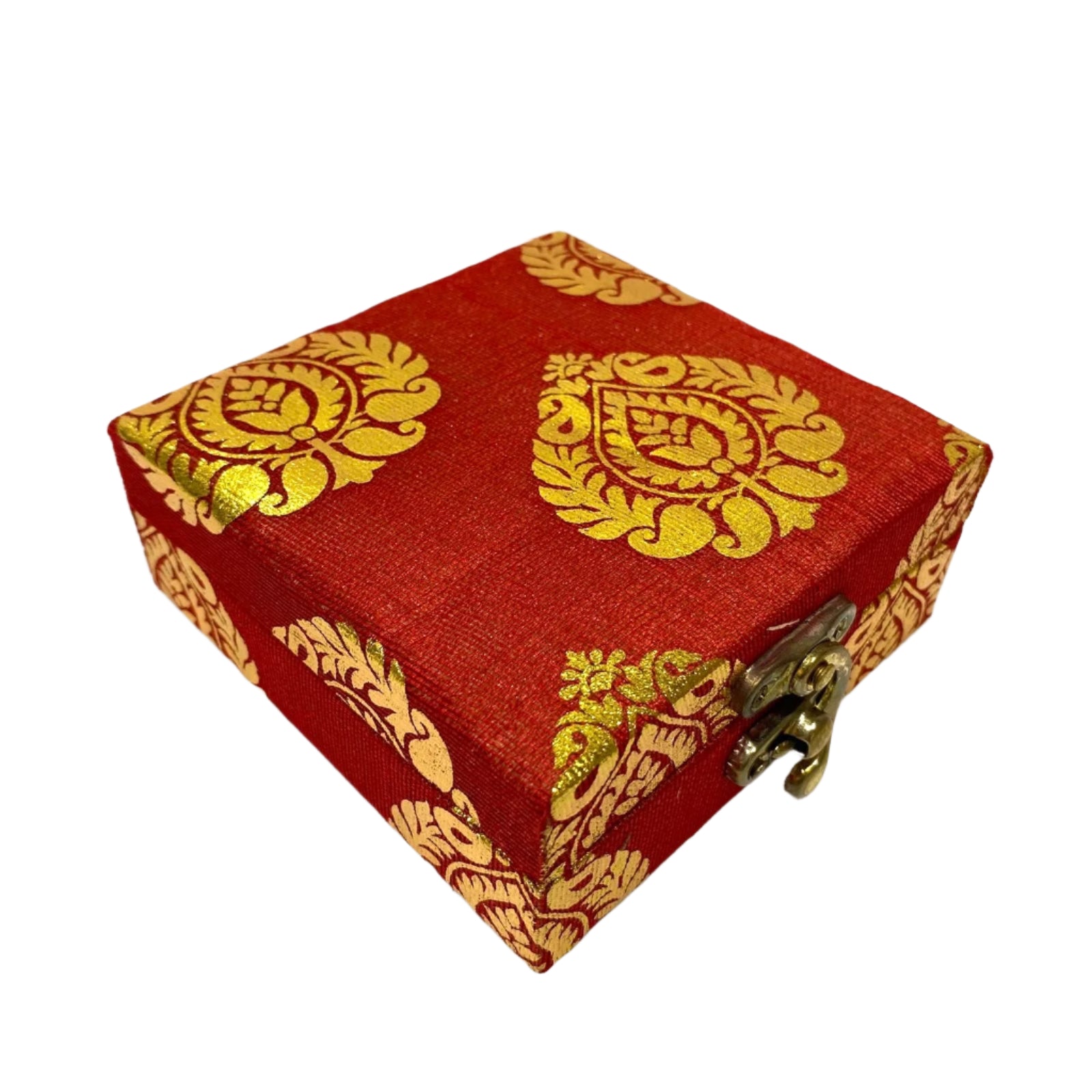 Red fabric box with gold patterns and a brass clasp on a white background