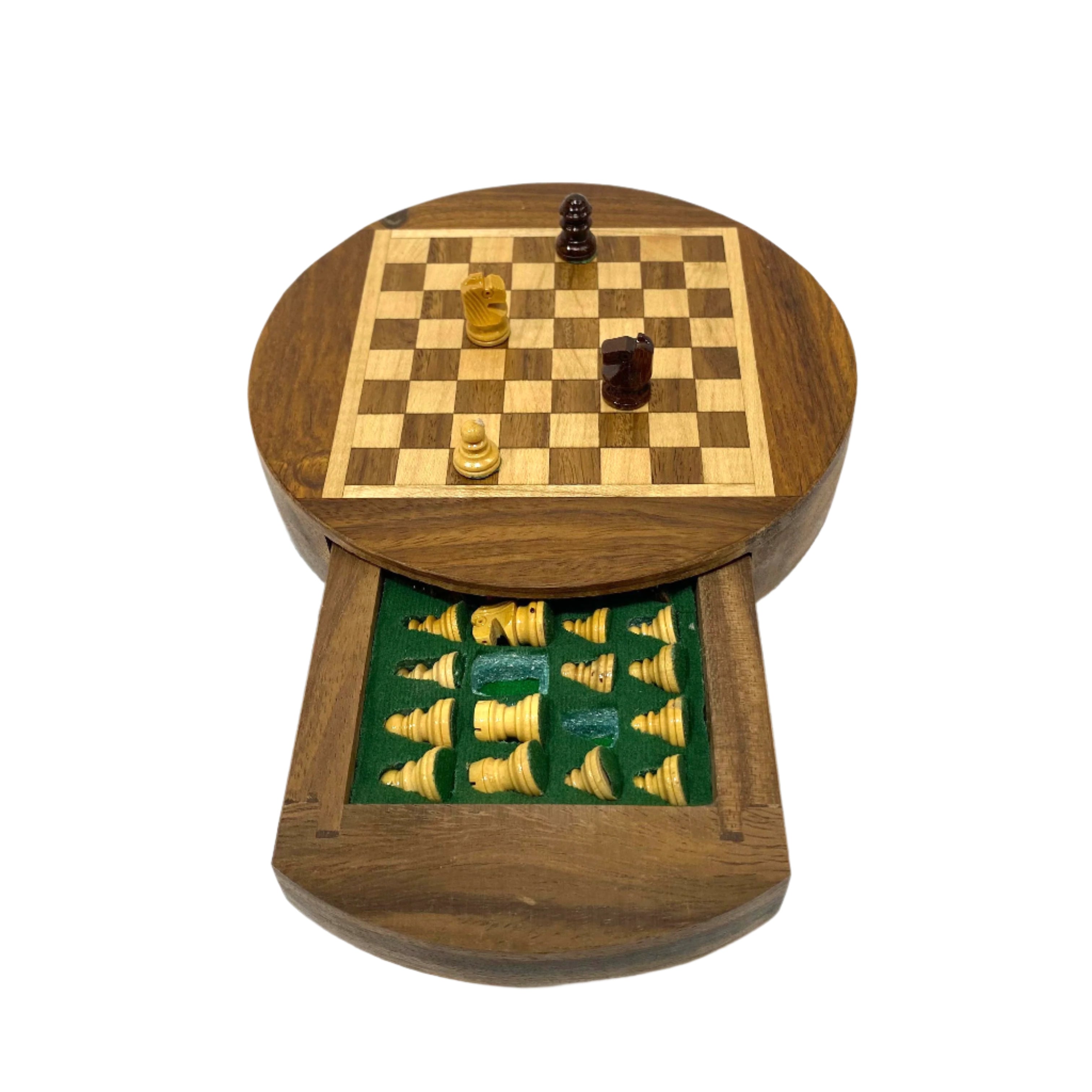 Wooden chess set with pieces on a white background