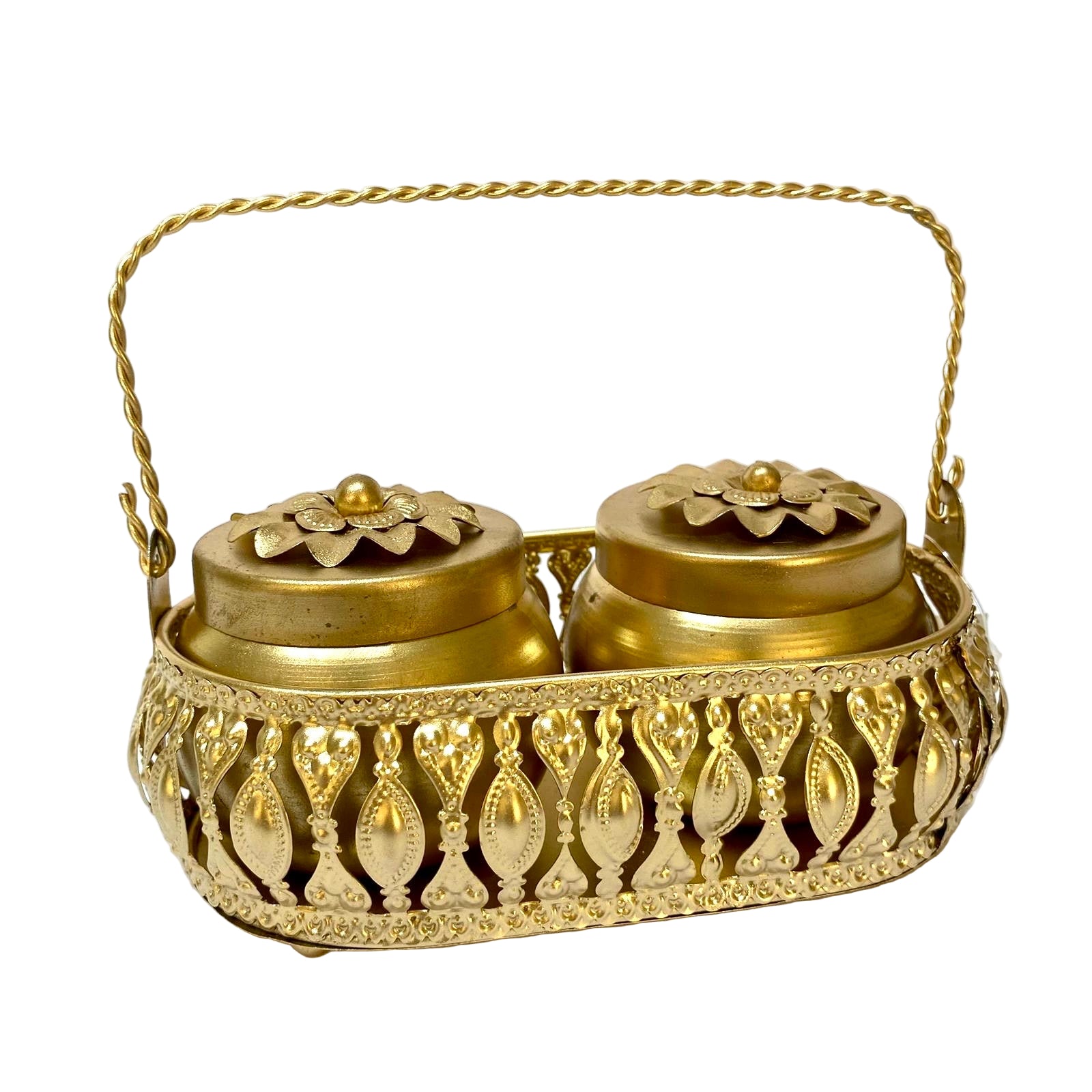 Decorative gold container with two compartments on a white background
