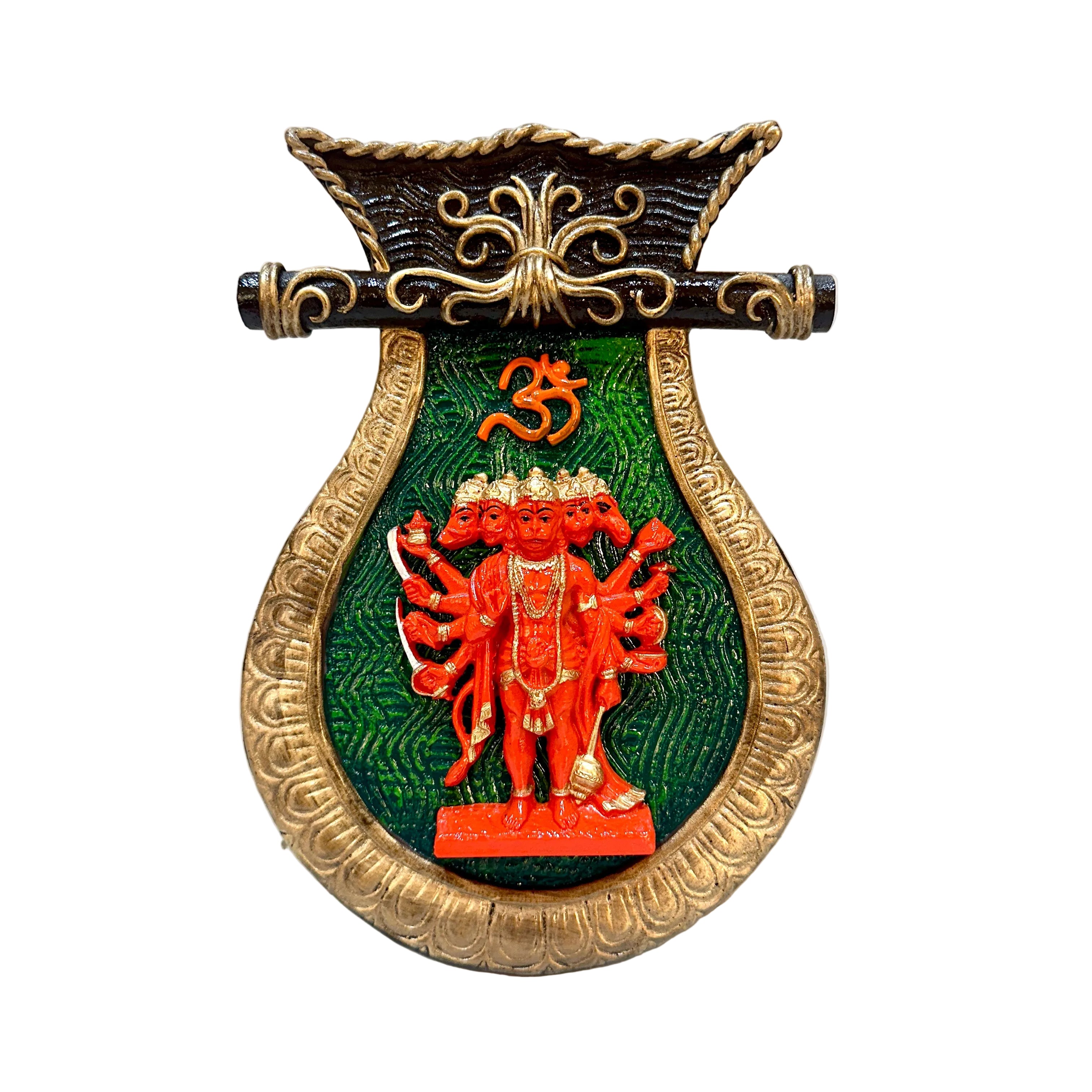 Decorative wall hanging with a multichambered figure and 'Om' symbol on a green background.