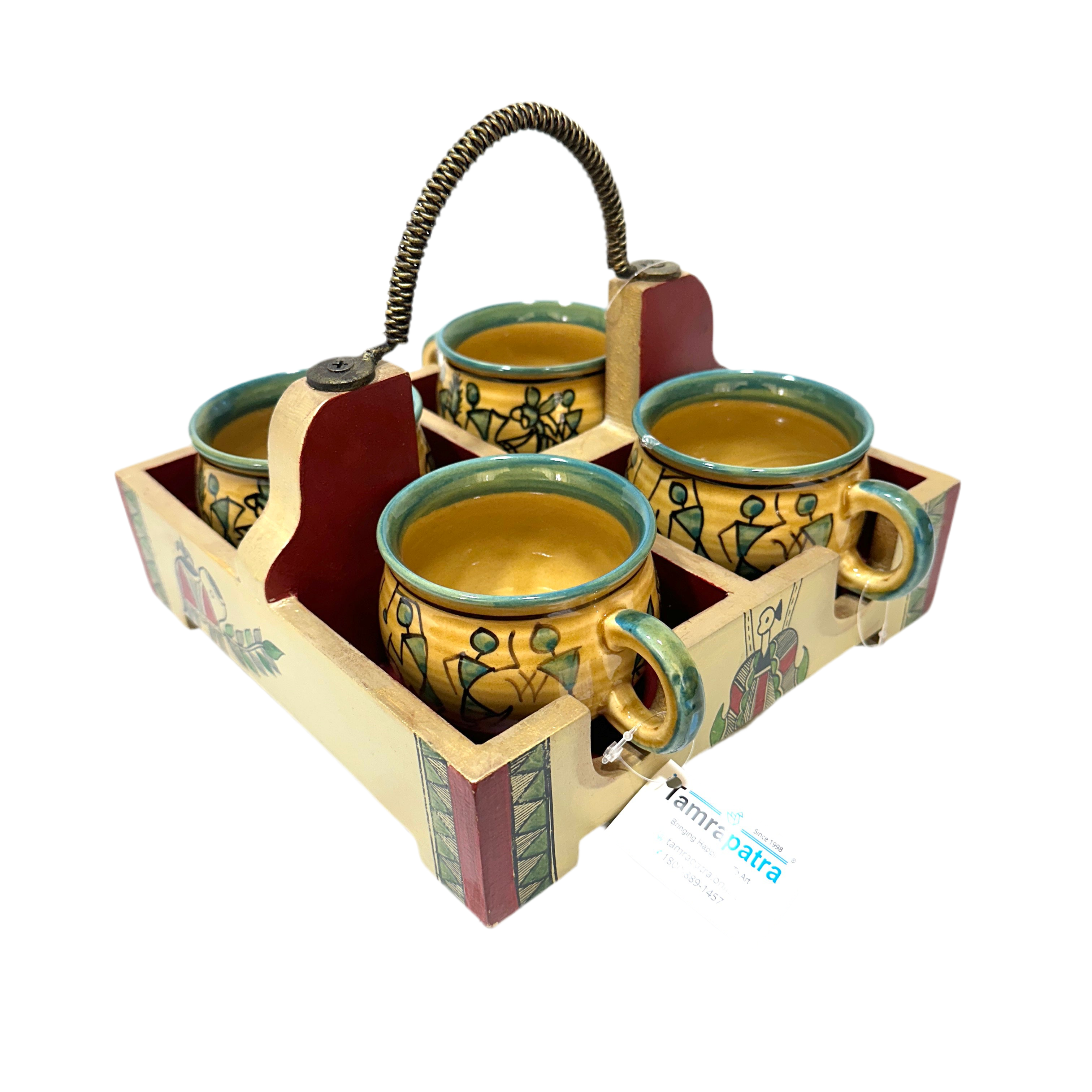 Cup Glass Holder Tray With Partition Hand Painted Utility Kitchen Decor Tamrapatra
