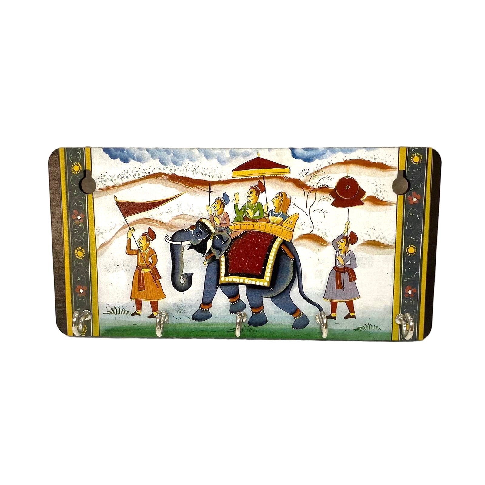 Decorative wall art with an elephant and people design on a white background