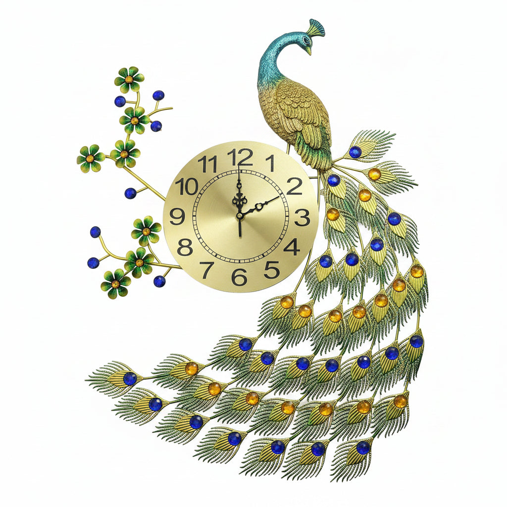 Decorative wall clock with peacock design on a wooden surface