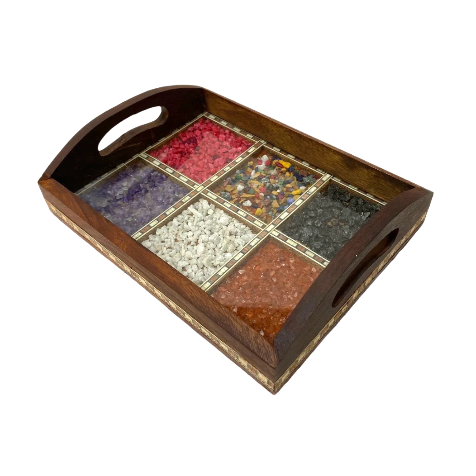Wooden tray with colorful stone mosaic on a white surface