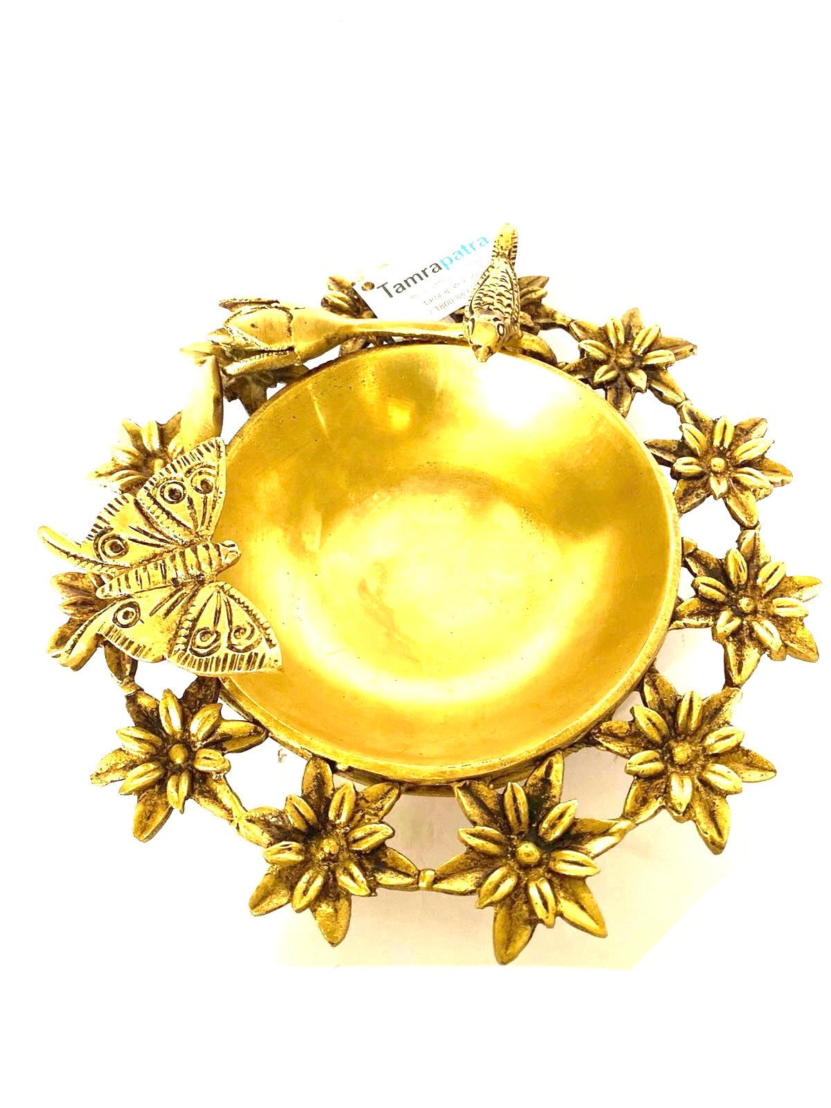 Designer Brass Urli With Butterfly & Bird Sitting On Flower Home Décor Tamrapatra - Tamrapatra