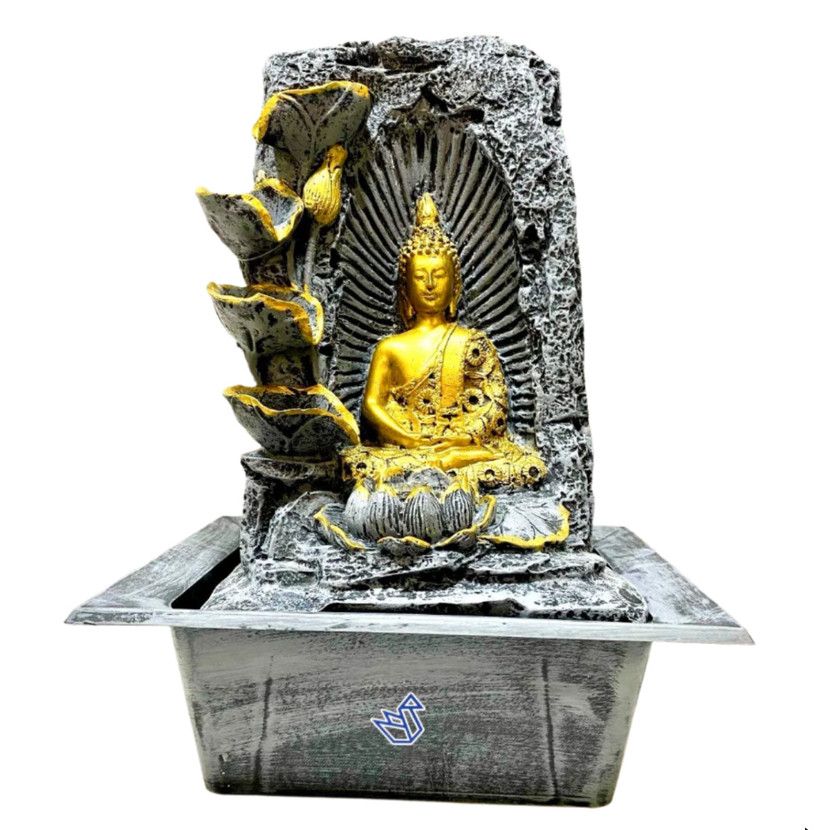 A decorative water fountain featuring a statue of Buddha, with a grey stone-like base and a gold-colored Buddha figure seated amidst leaves.
