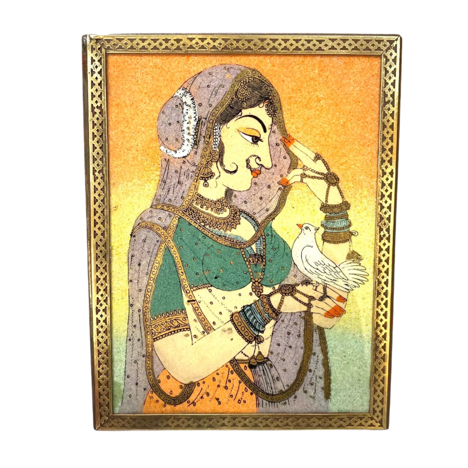 Decorative box with a woman holding a dove and intricate design on a gold background