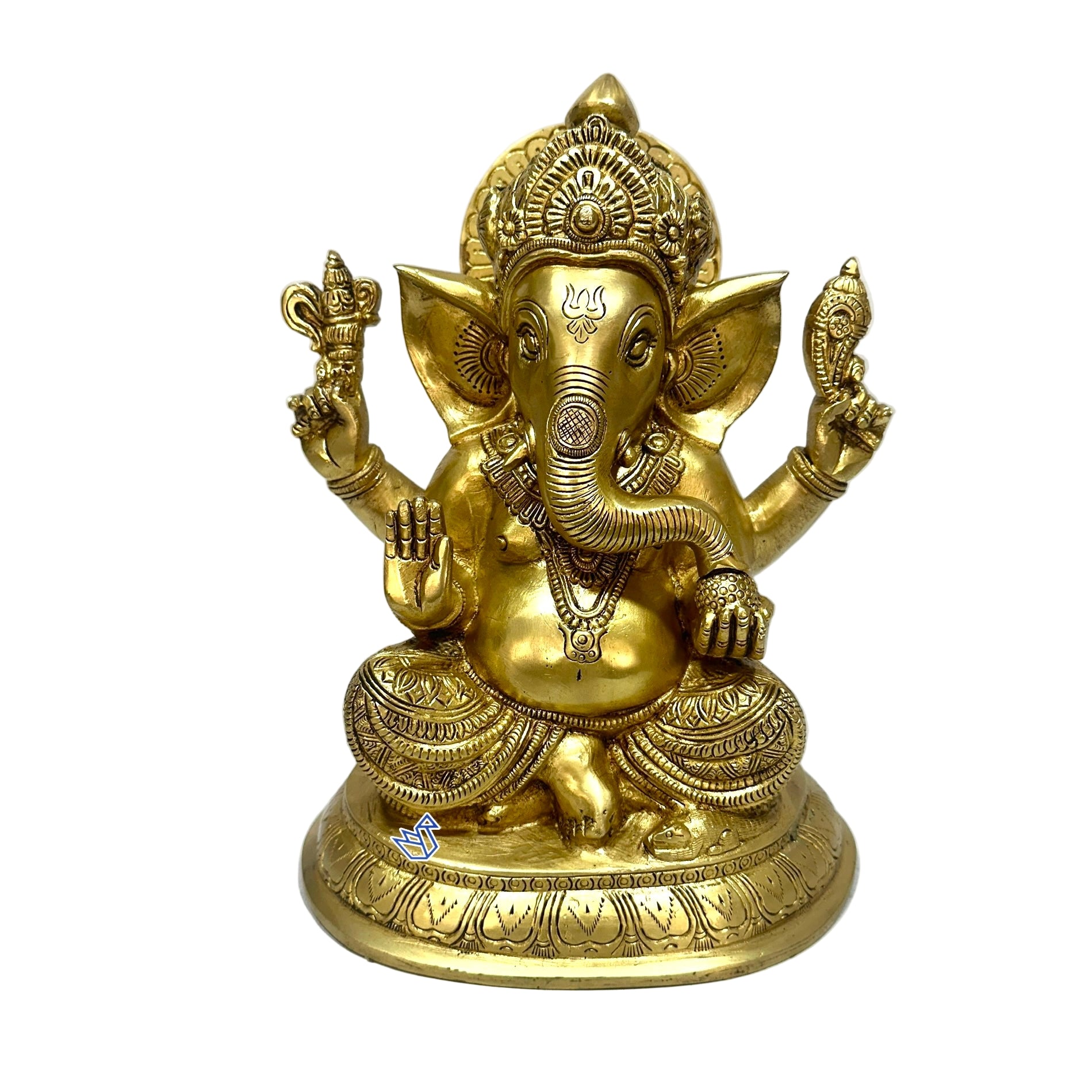Gold-colored statue of Ganesha on a white background