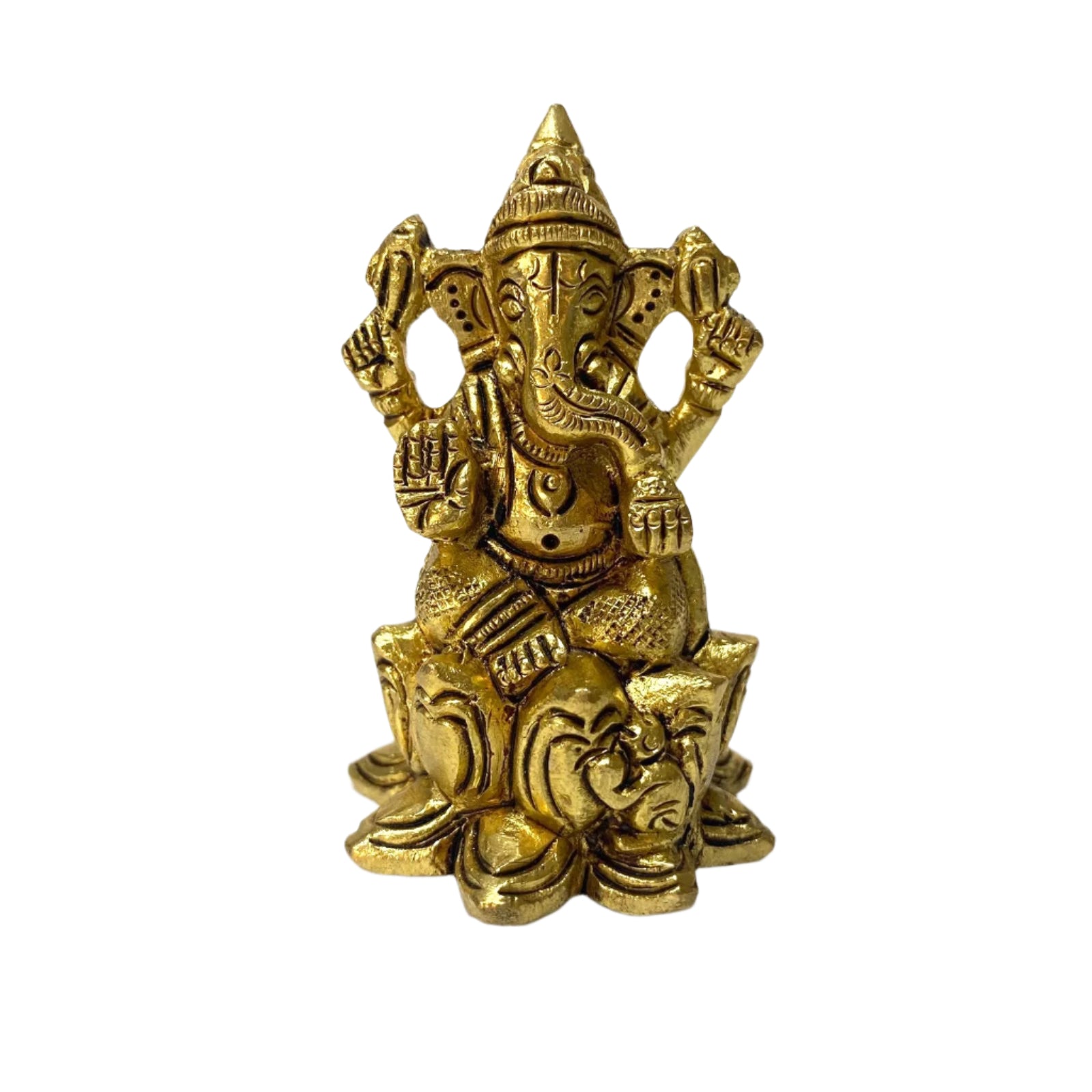 Gold-colored statue of a deity on a white background