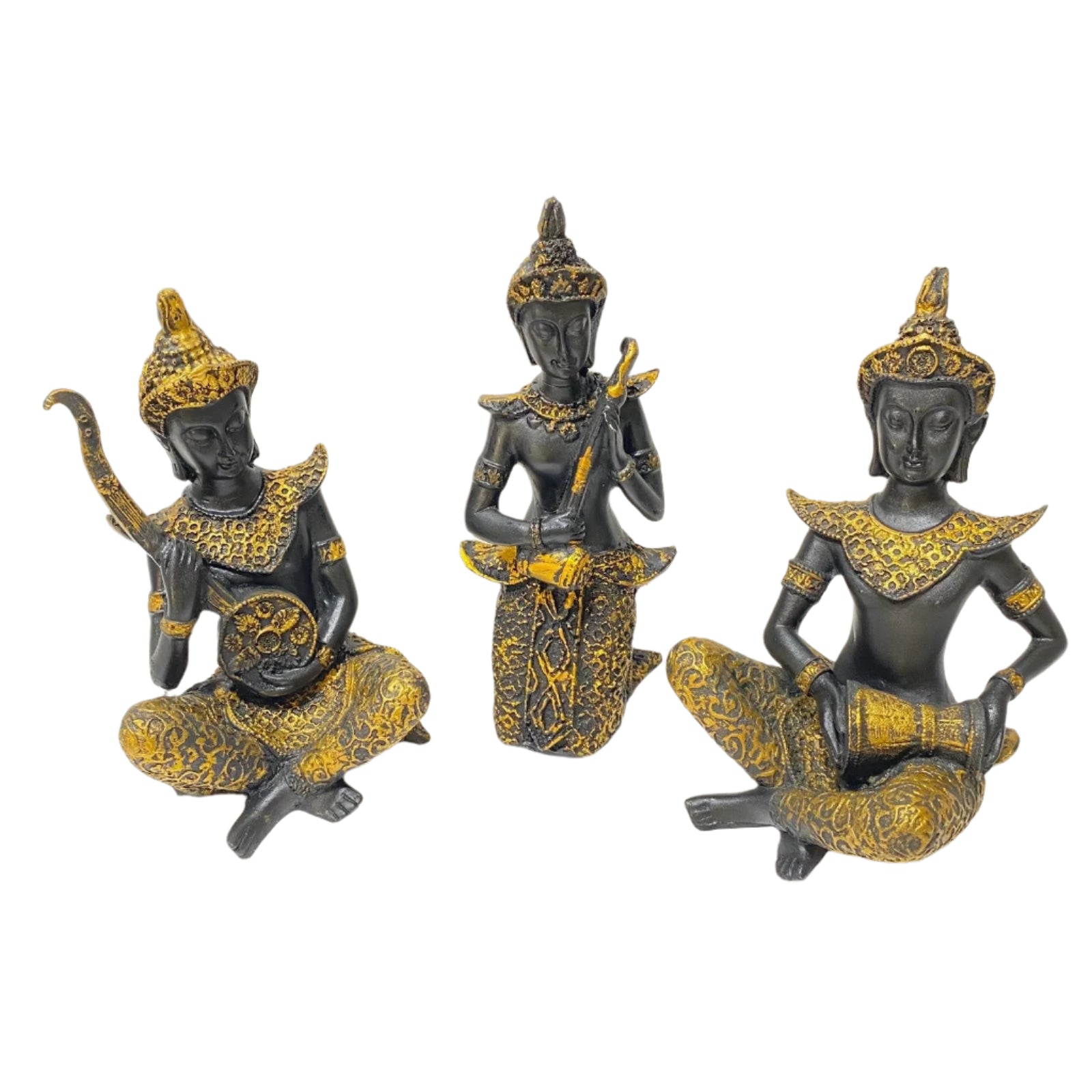 Modern Musicians Lady In Black Gold Holding Instruments Set Of 3 At Tamrapatra