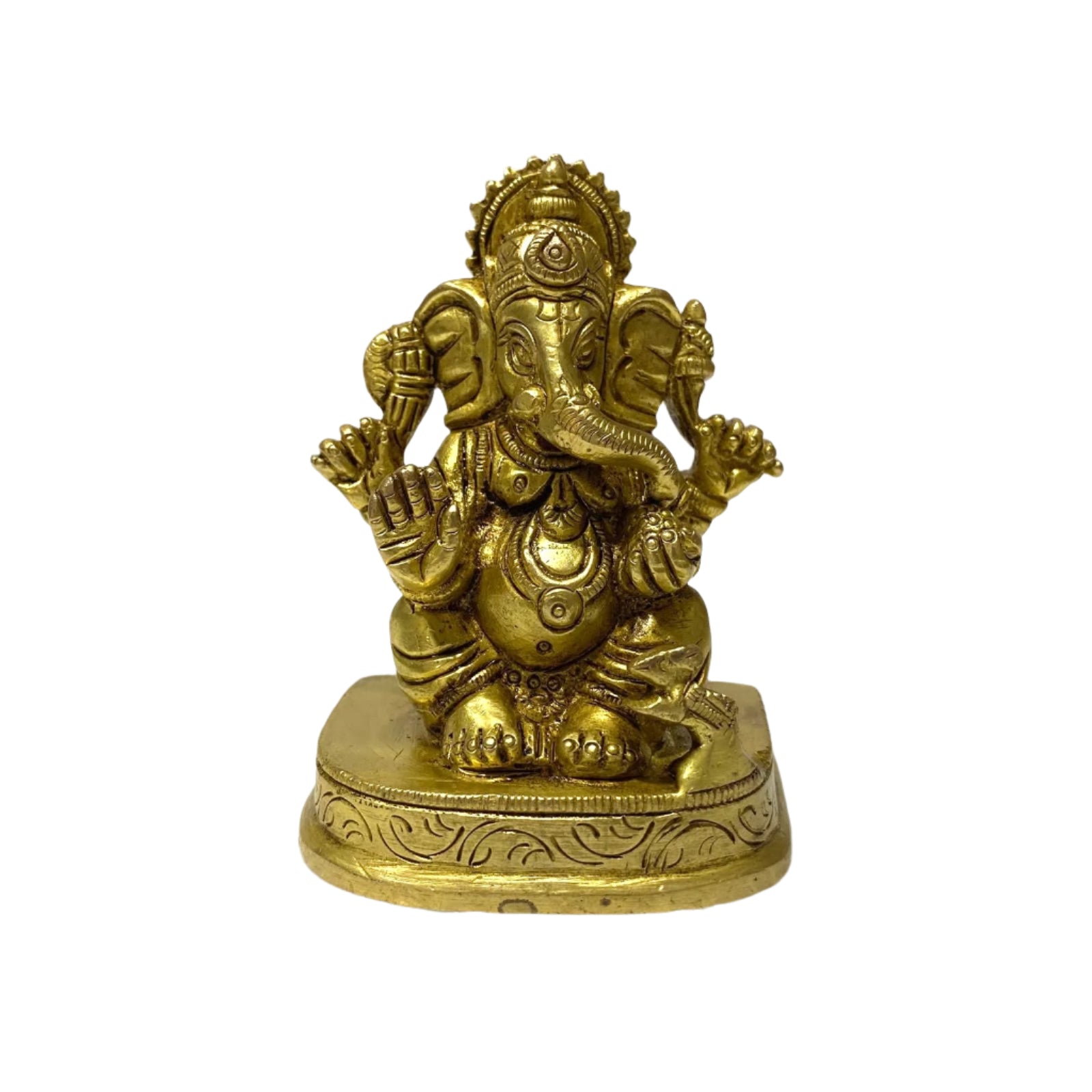 Brass statue of a deity on a white background