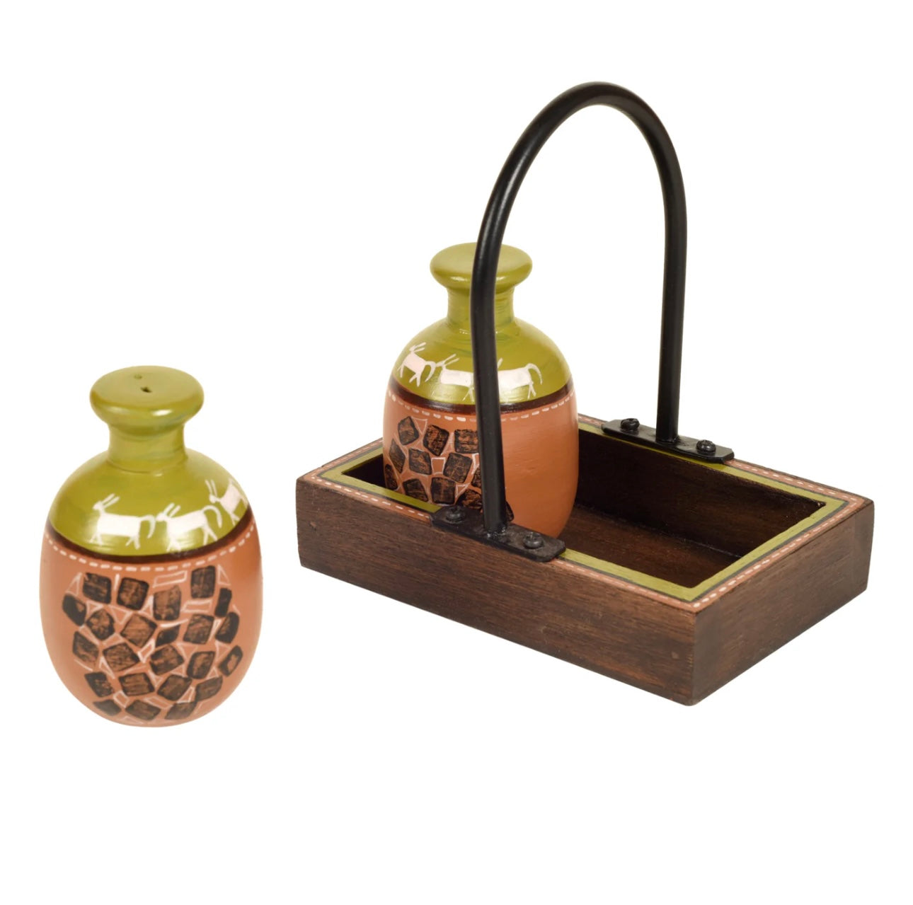 Salt Pepper Terracotta Shakers With Wooden Tray Handcrafted Utility By Tamrapatra