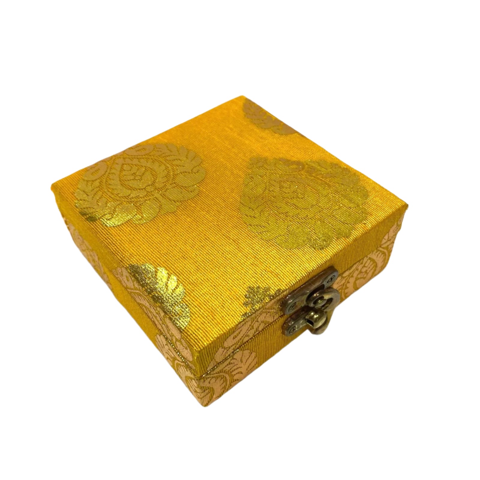 Yellow jewelry box with floral patterns on a white background