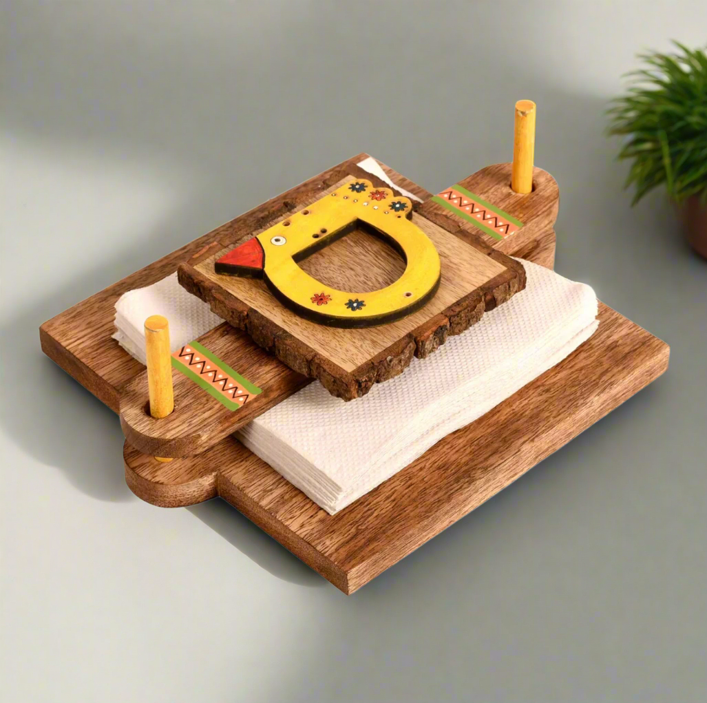 Wooden Sparrow Designed Remarkable Hand Painted Napkin Holder By Tamrapatra