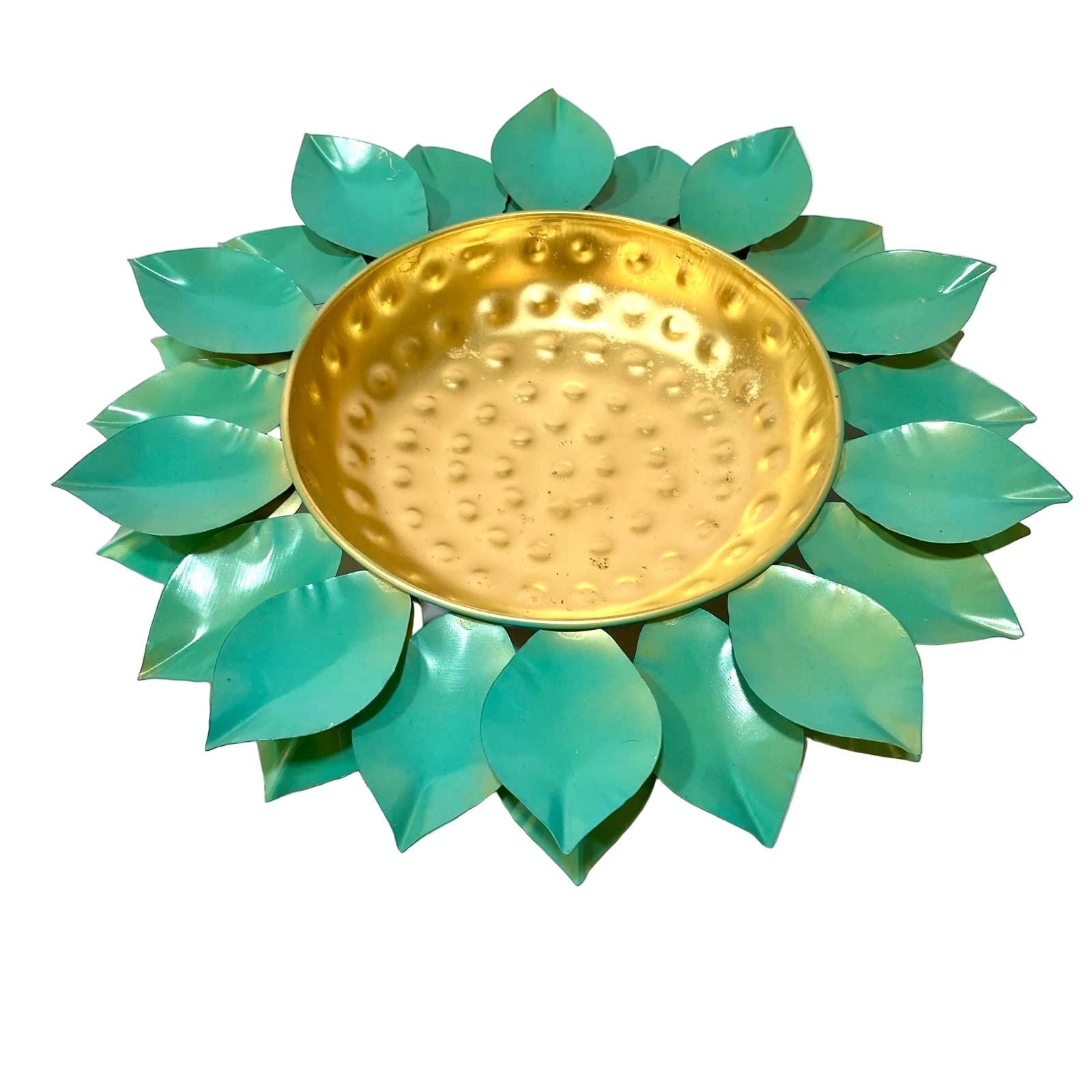 Cyan Blue Green With Golden Touch Unique Shaded Lotus Urli Metal By Tamrapatra