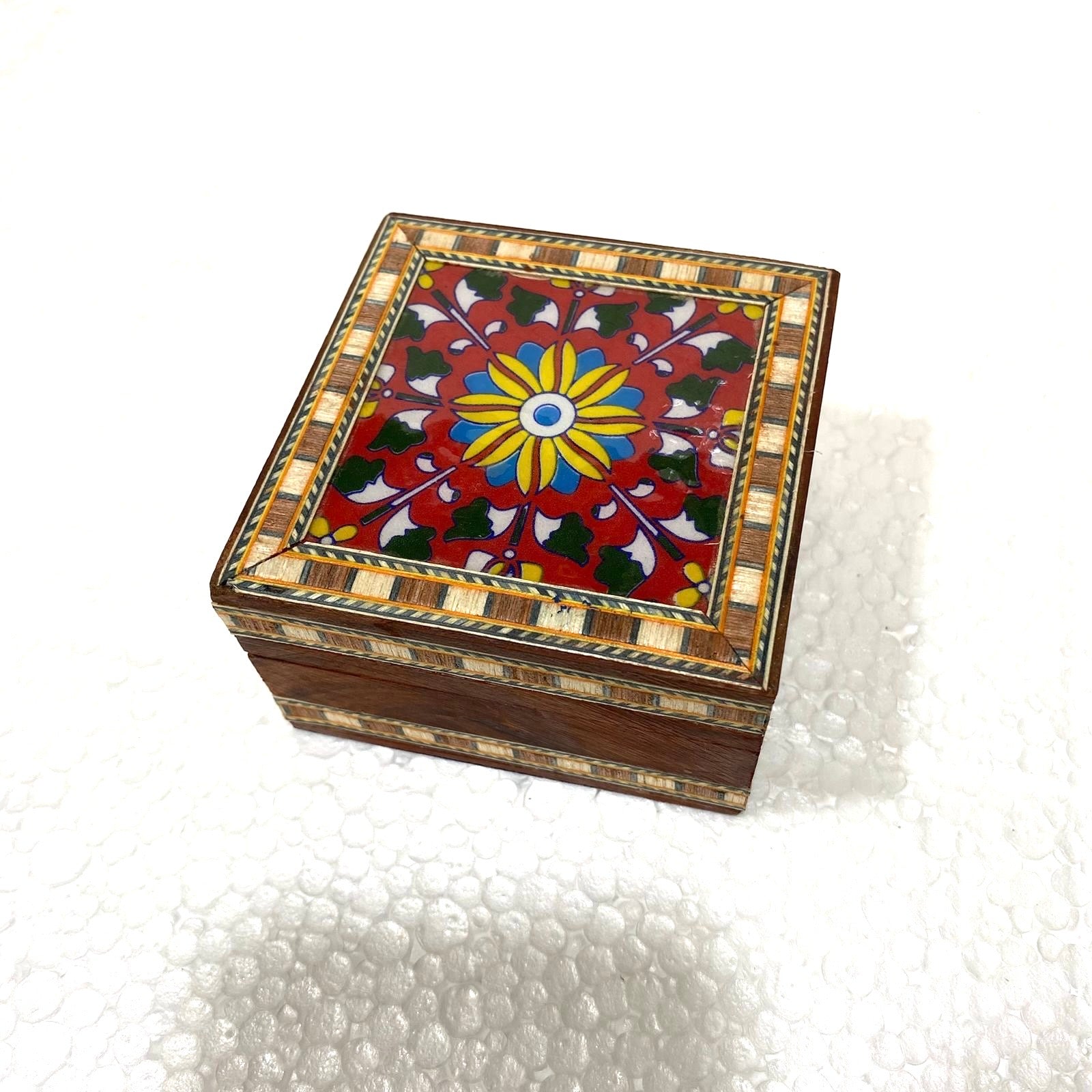 Single Blue Pottery Tile Wooden Box Storage Utility Handcrafted From Tamrapatra