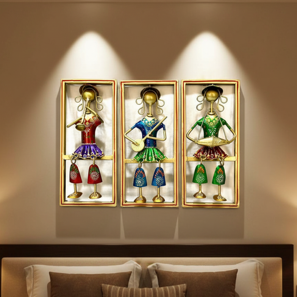 Sweet Little Girls Playing Musical Instrument Sitting Metal Décor Hanging Tamrapatra