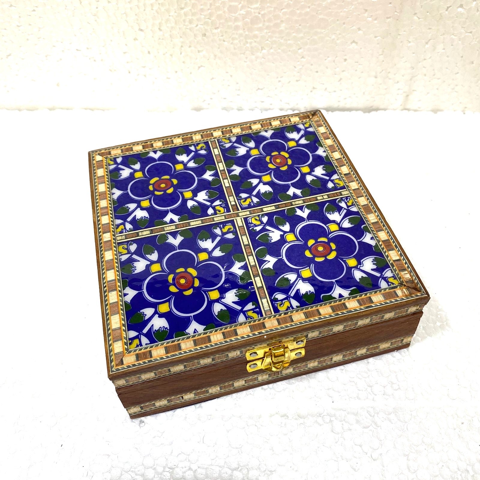 Blue Pottery Tile Wooden Box Storage Utility Jewelry New Arrival Tamrapatra