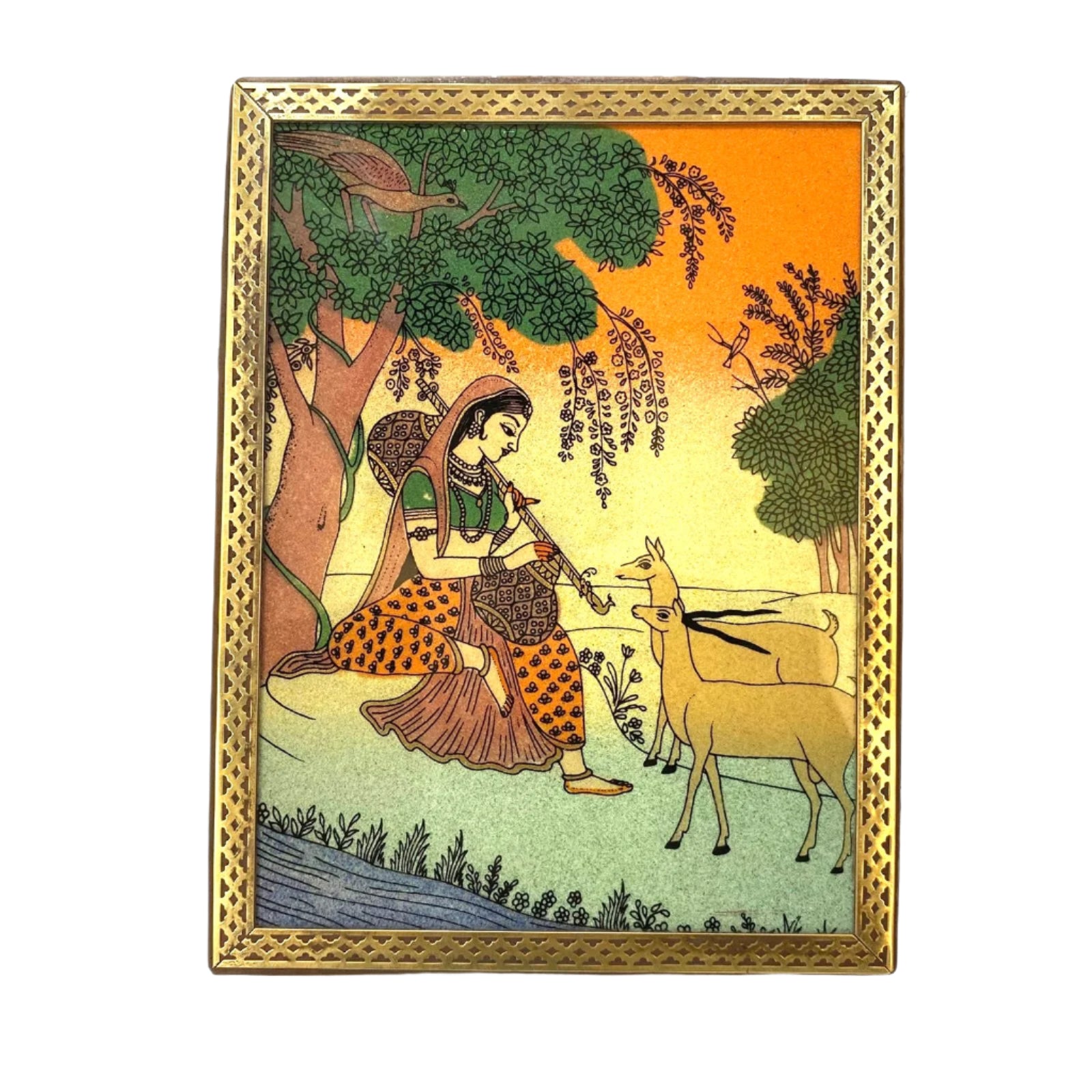 Framed artwork of a woman playing a flute for a deer in a natural setting.
