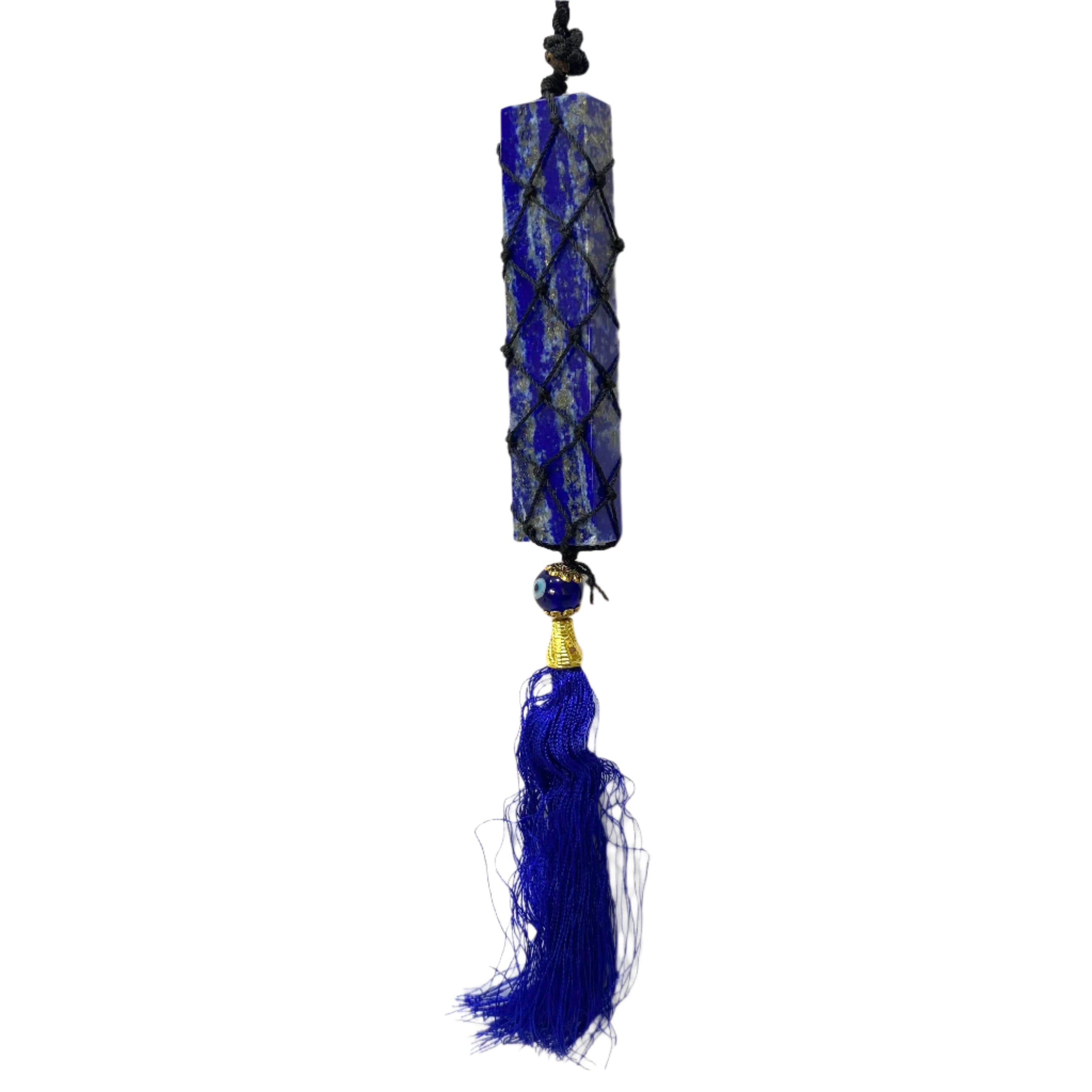 Blue decorative item with tassel on a white background