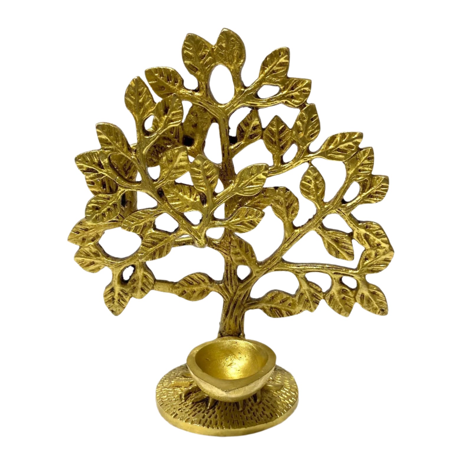 Brass tree-shaped lamp with a bowl at the base on a white background