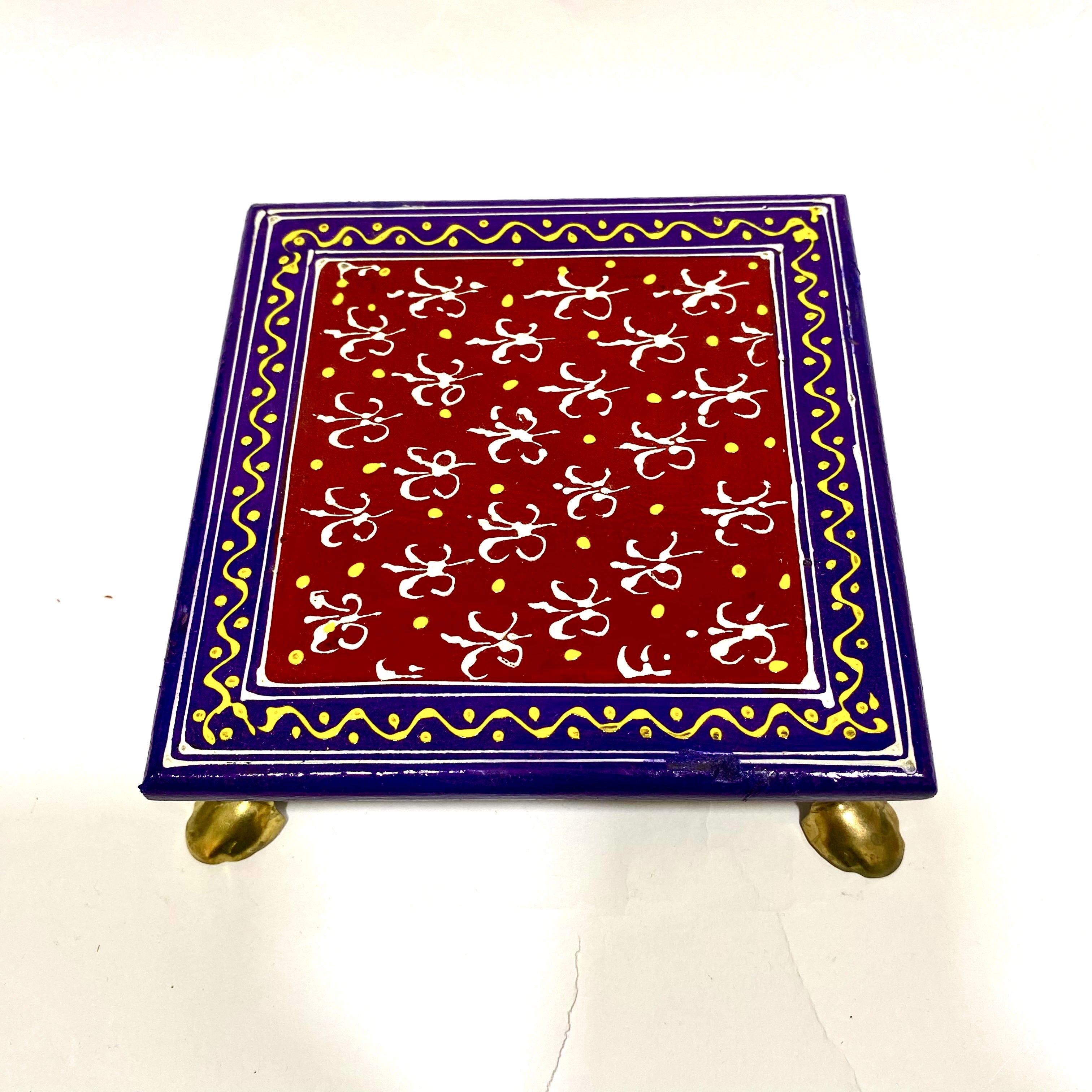 Hand Painted Wooden Bajoth Color With Metal Legs Handcrafted By Tamrapatra