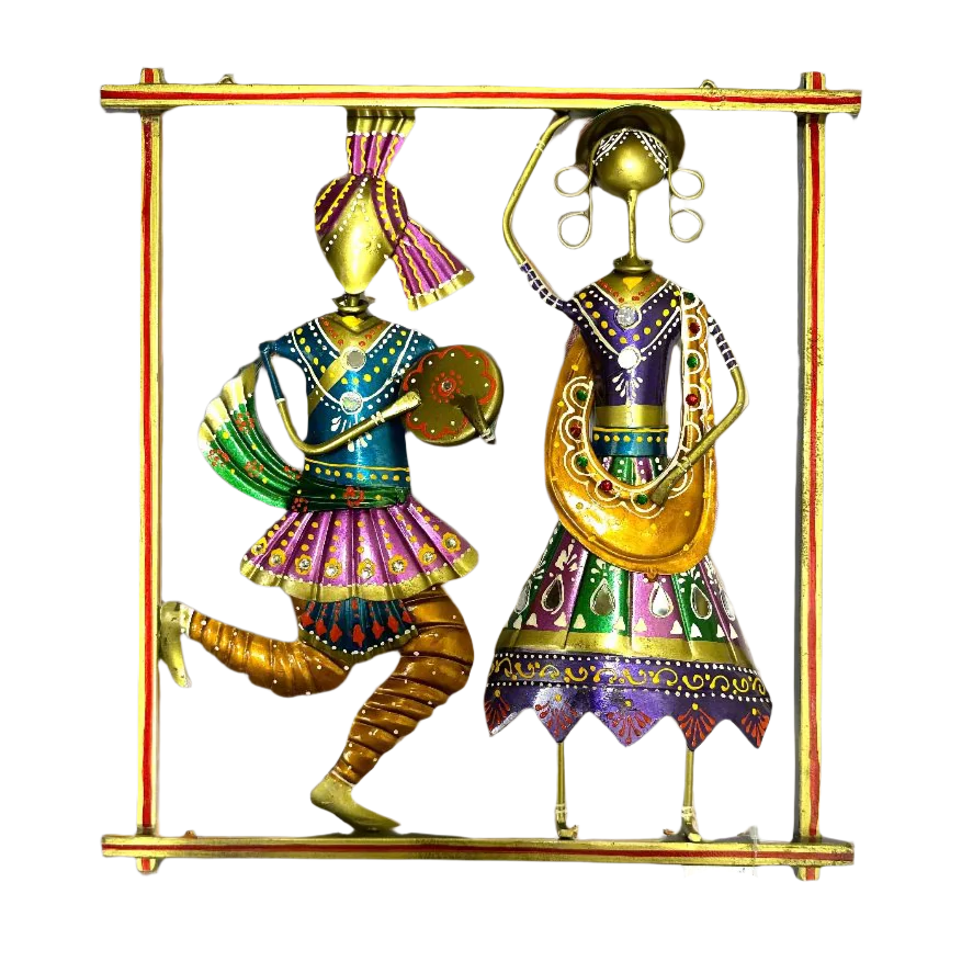 Decorative wall art with two colorful figures on a white background