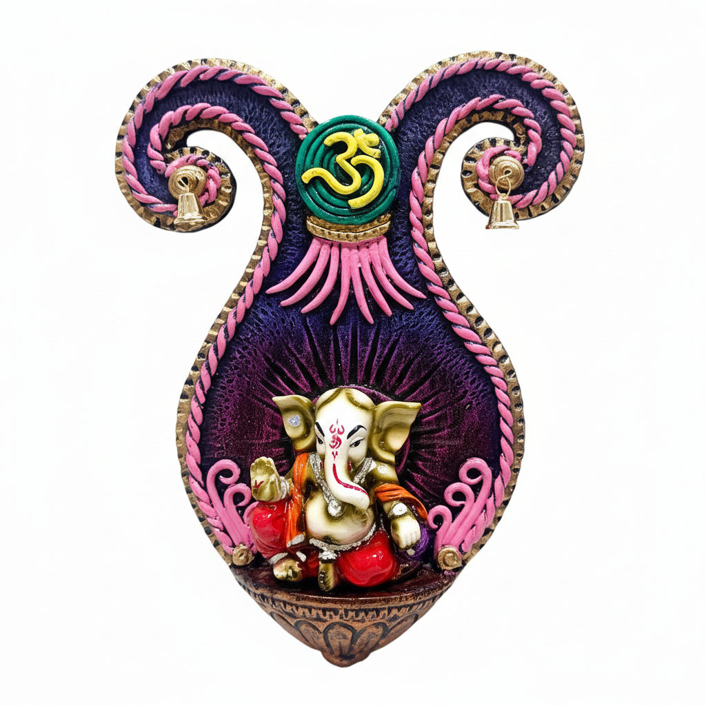 Decorative wall hanging with Ganesha figure and colorful design on a white background
