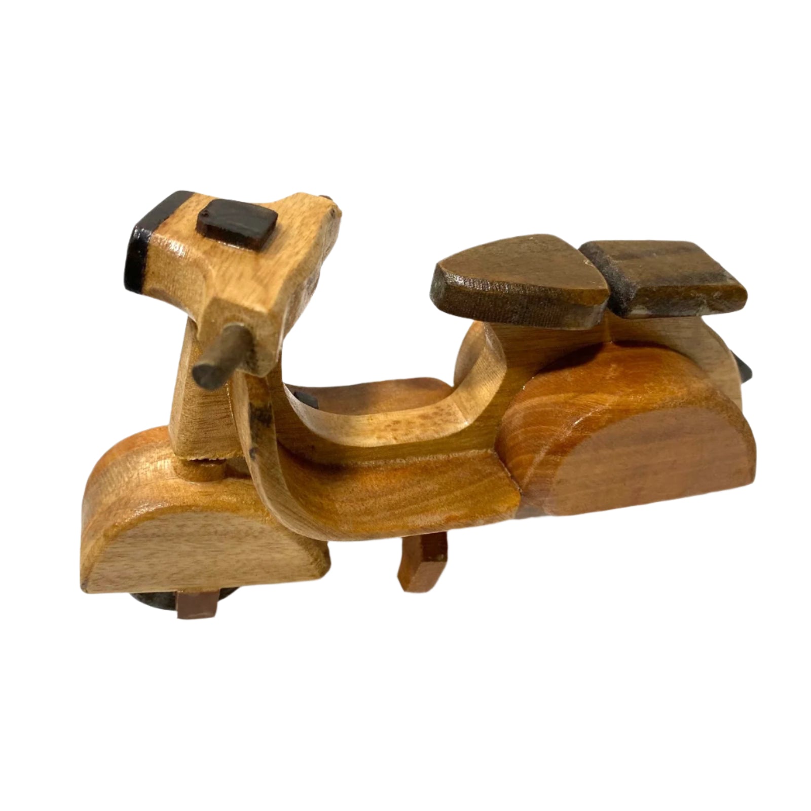 Wooden toy scooter on a textured white background