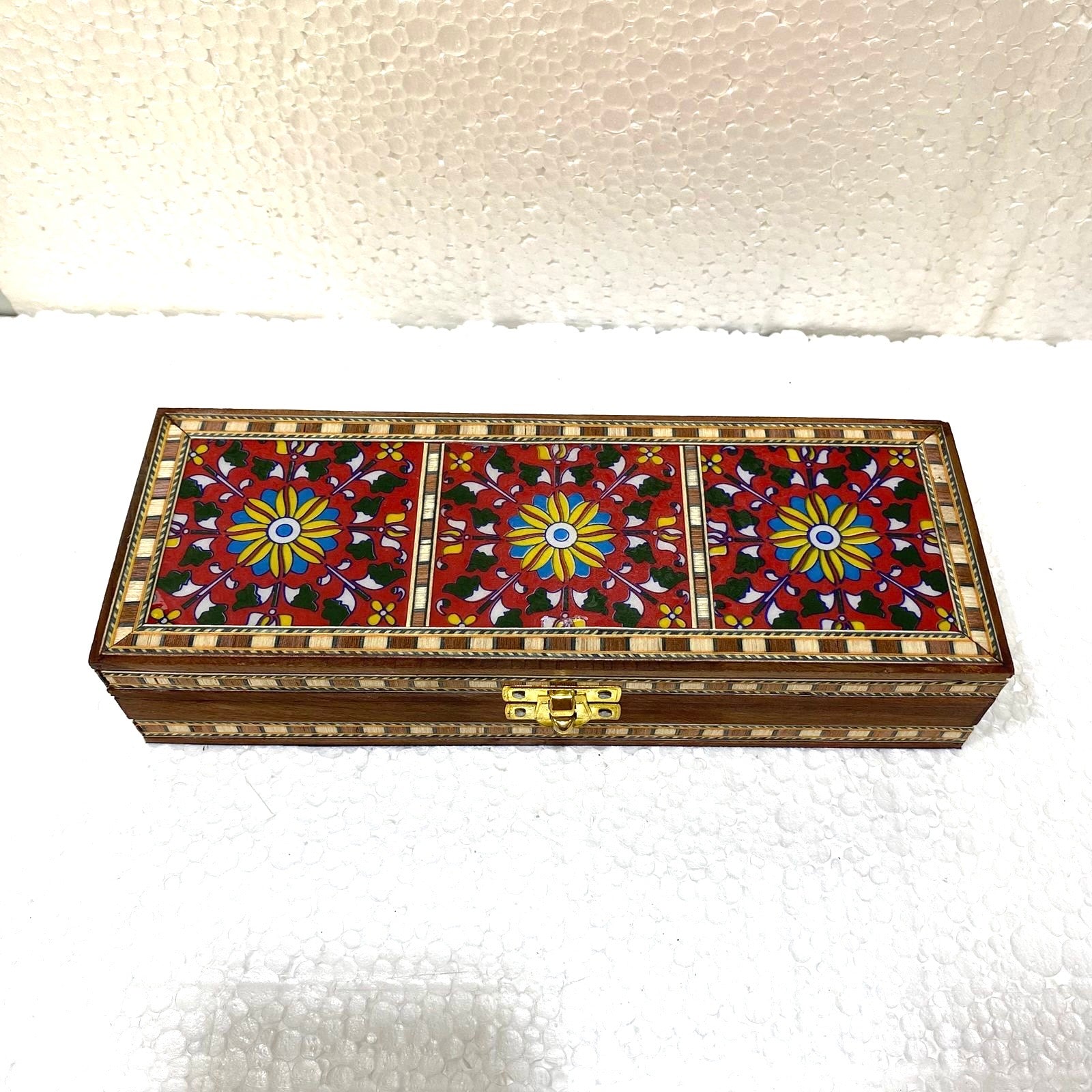 3 Tiles Blue Pottery On Wooden Storage Box With Velvet Interior By Tamrapatra