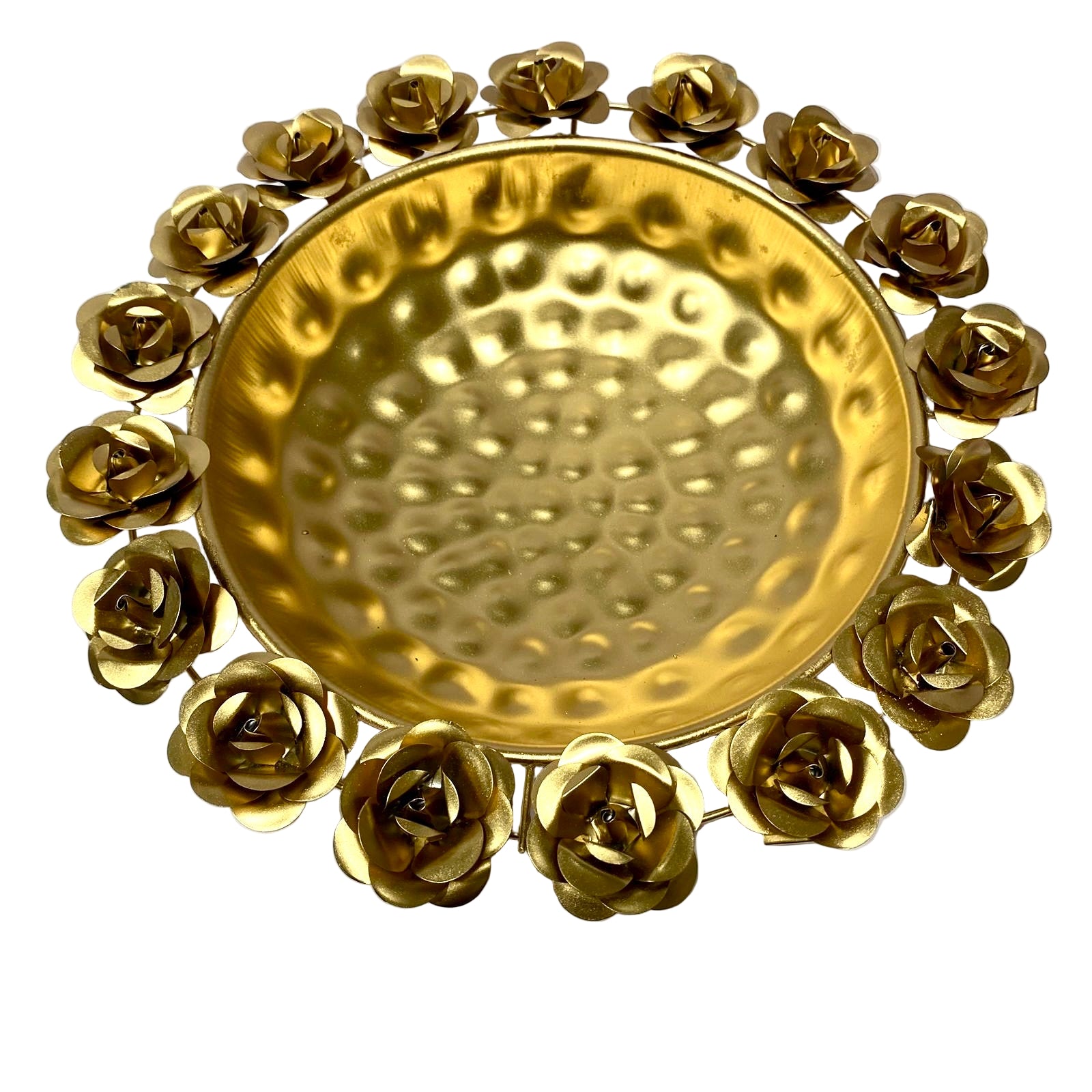 Gold decorative plate with rose designs on a white background