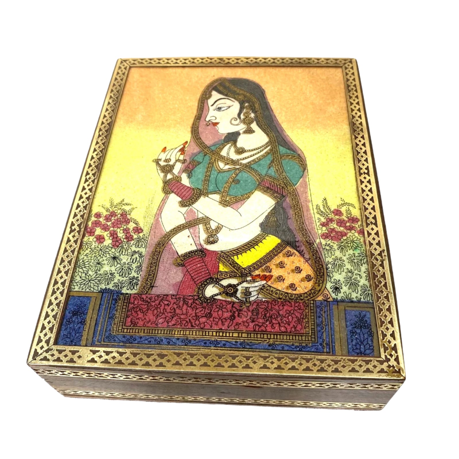 Decorative box with an intricate design of a woman holding flowers on a beige background