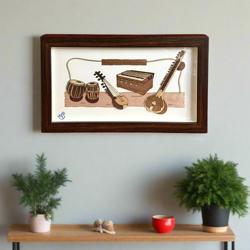 Framed artwork of musical instruments on a white background