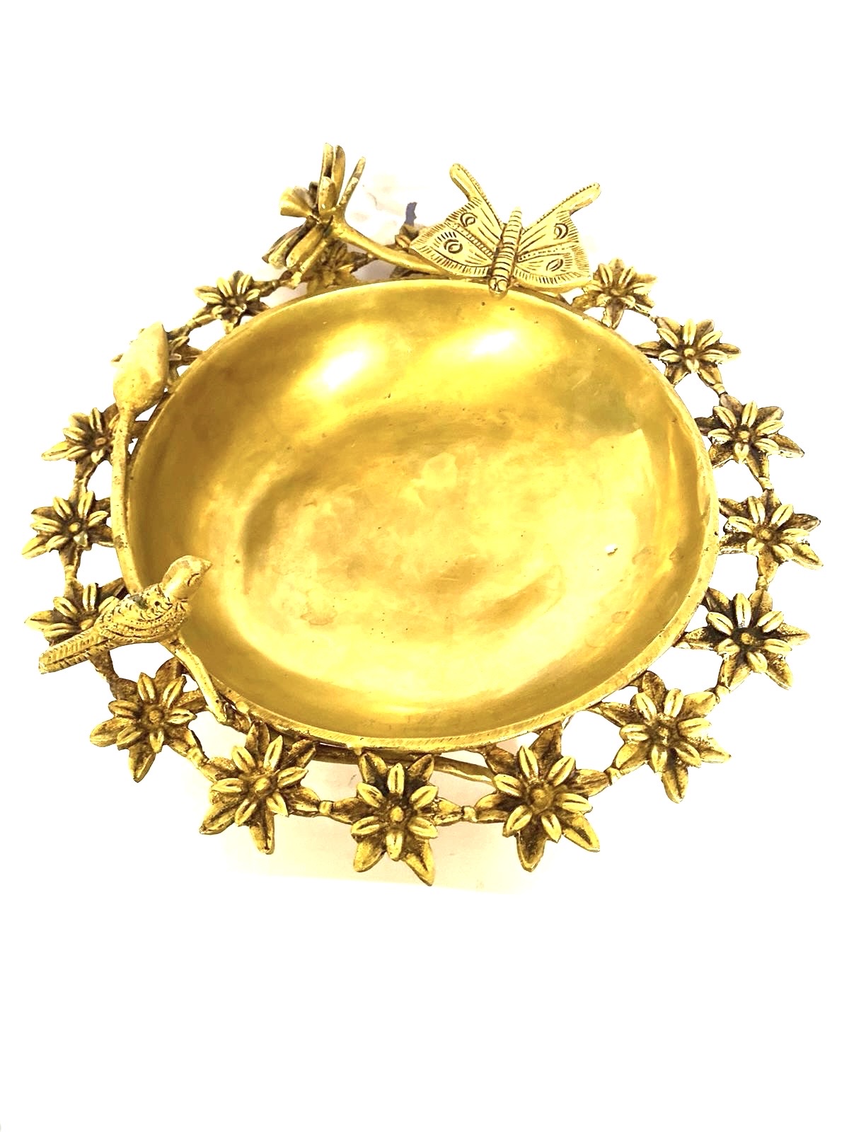 Designer Brass Urli With Butterfly & Bird Sitting On Flower Home Décor Tamrapatra - Tamrapatra