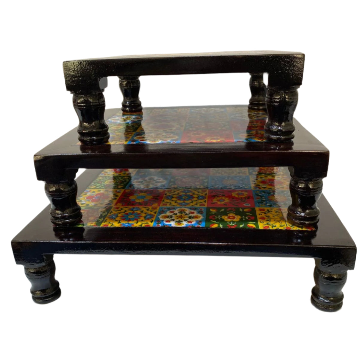 Wooden Stool With Blue Pottery Tiles Exclusive Furniture Collection From Tamrapatra