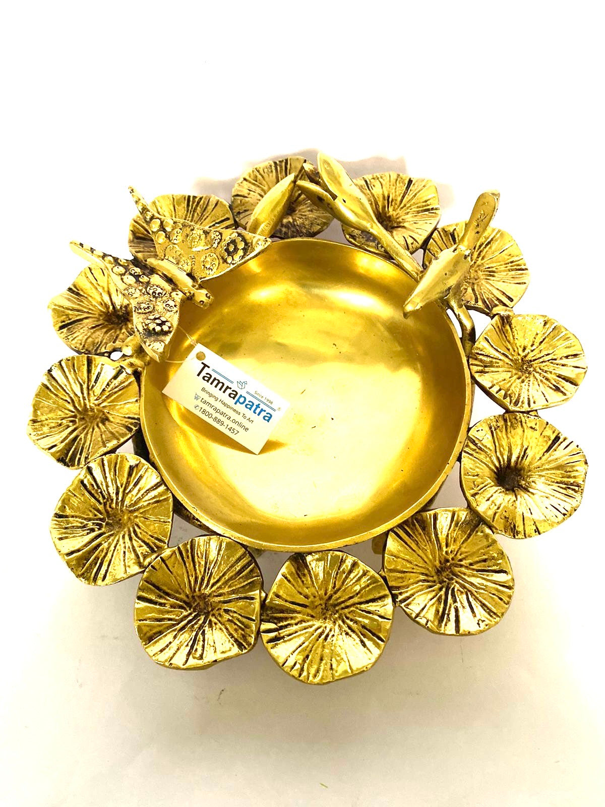 Designer Brass Urli With Butterfly & Bird Sitting On Flower Home Décor Tamrapatra - Tamrapatra