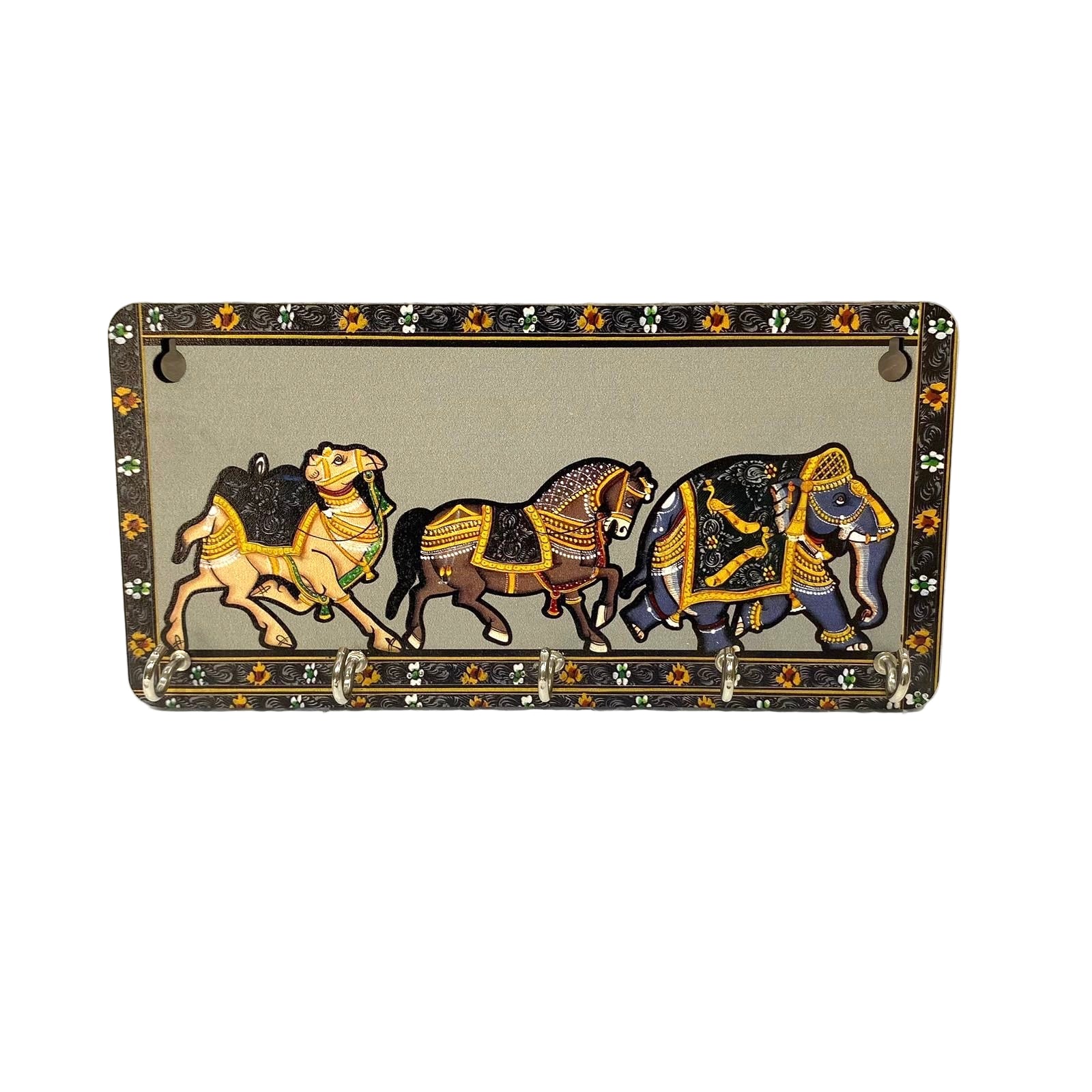 Decorative mirror with painted animals on a textured white background