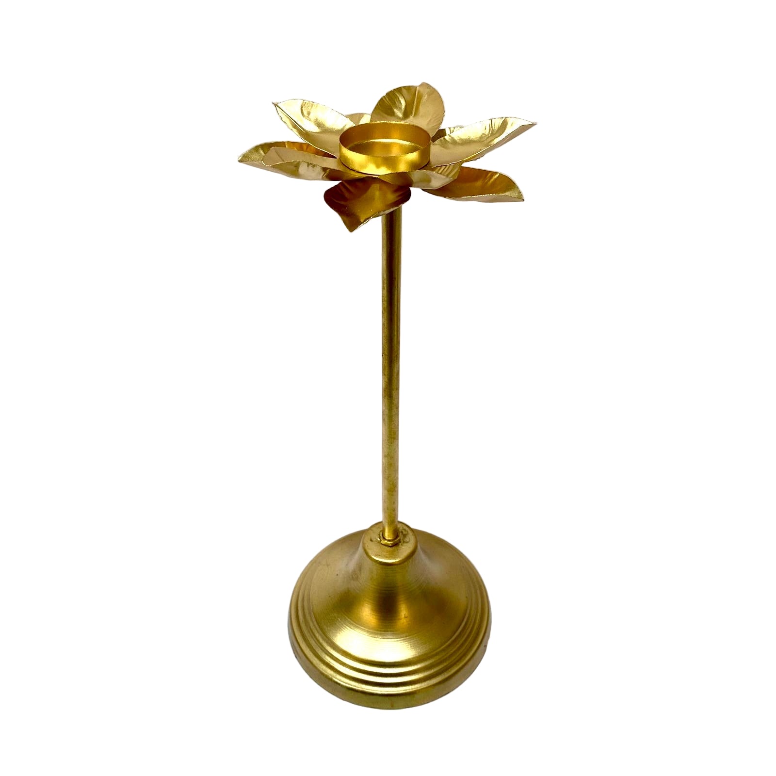 Gold-colored candle holder with lotus design on a white background