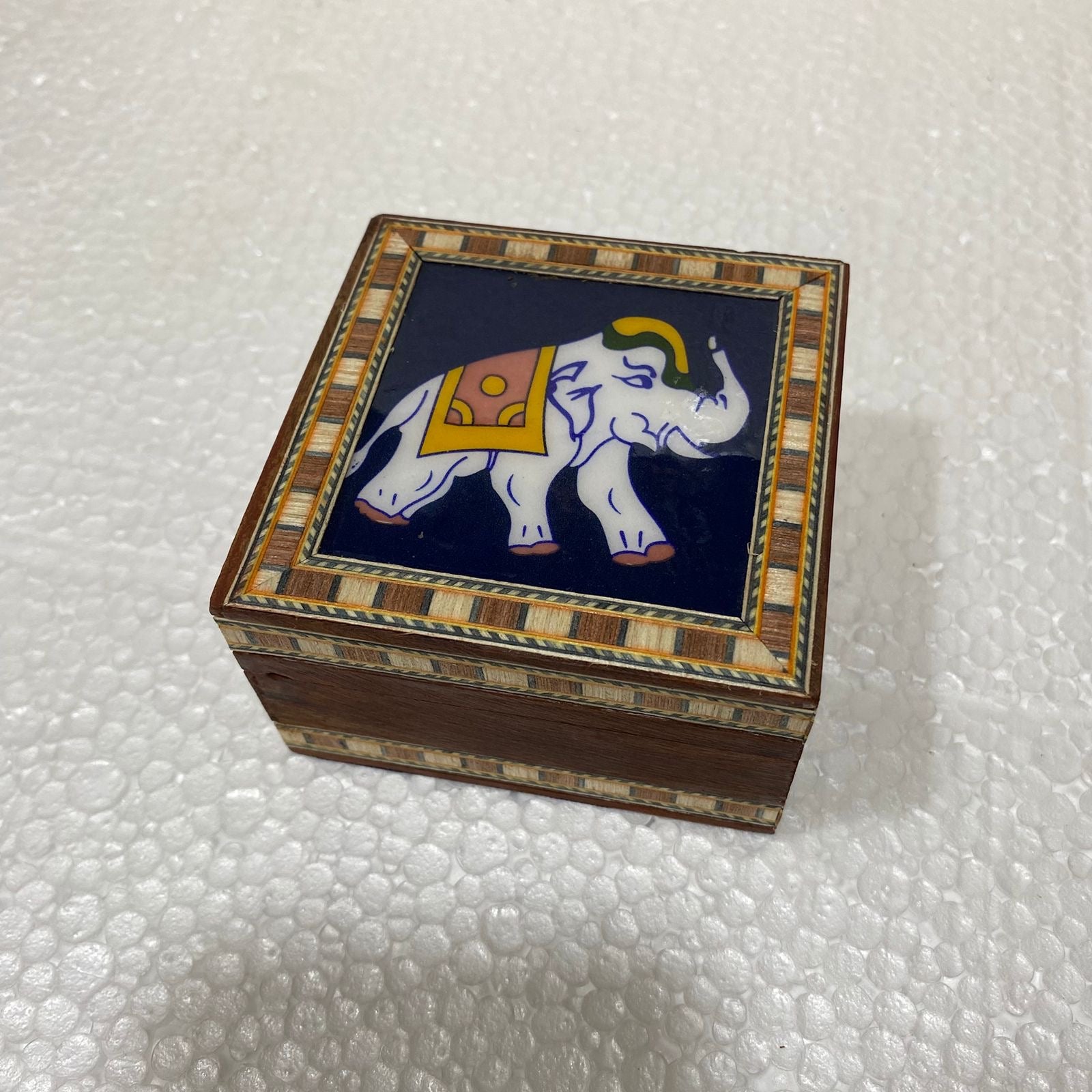 Single Blue Pottery Tile Wooden Box Storage Utility Handcrafted From Tamrapatra