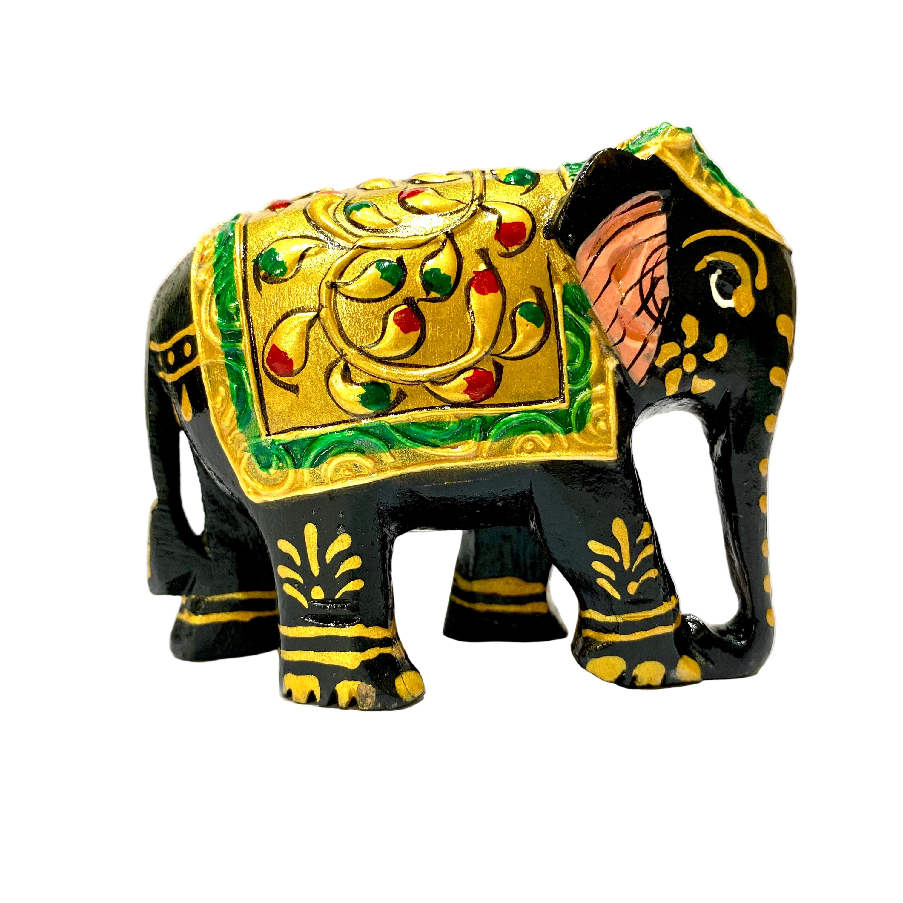 Decorative elephant figurine with gold and black design on a white background