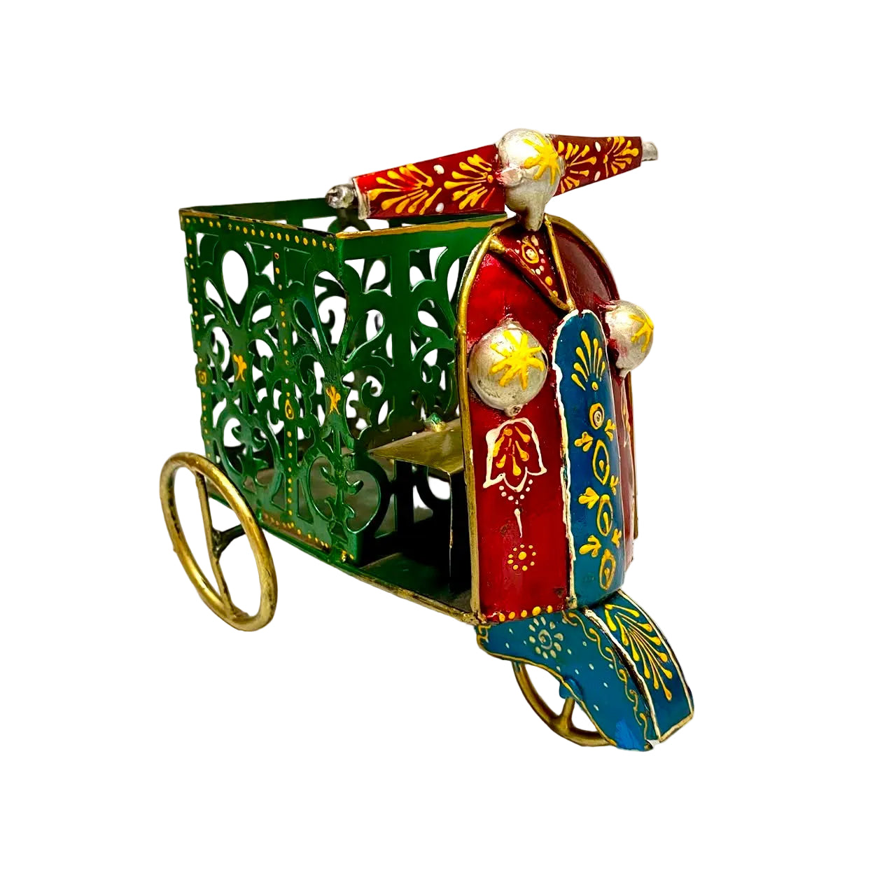 A decorative vintage-style three-wheeled cart or toy vehicle with a green perforated body, red front panel, blue lower section, and gold-toned wheels and trim, photographed on a plain light background.