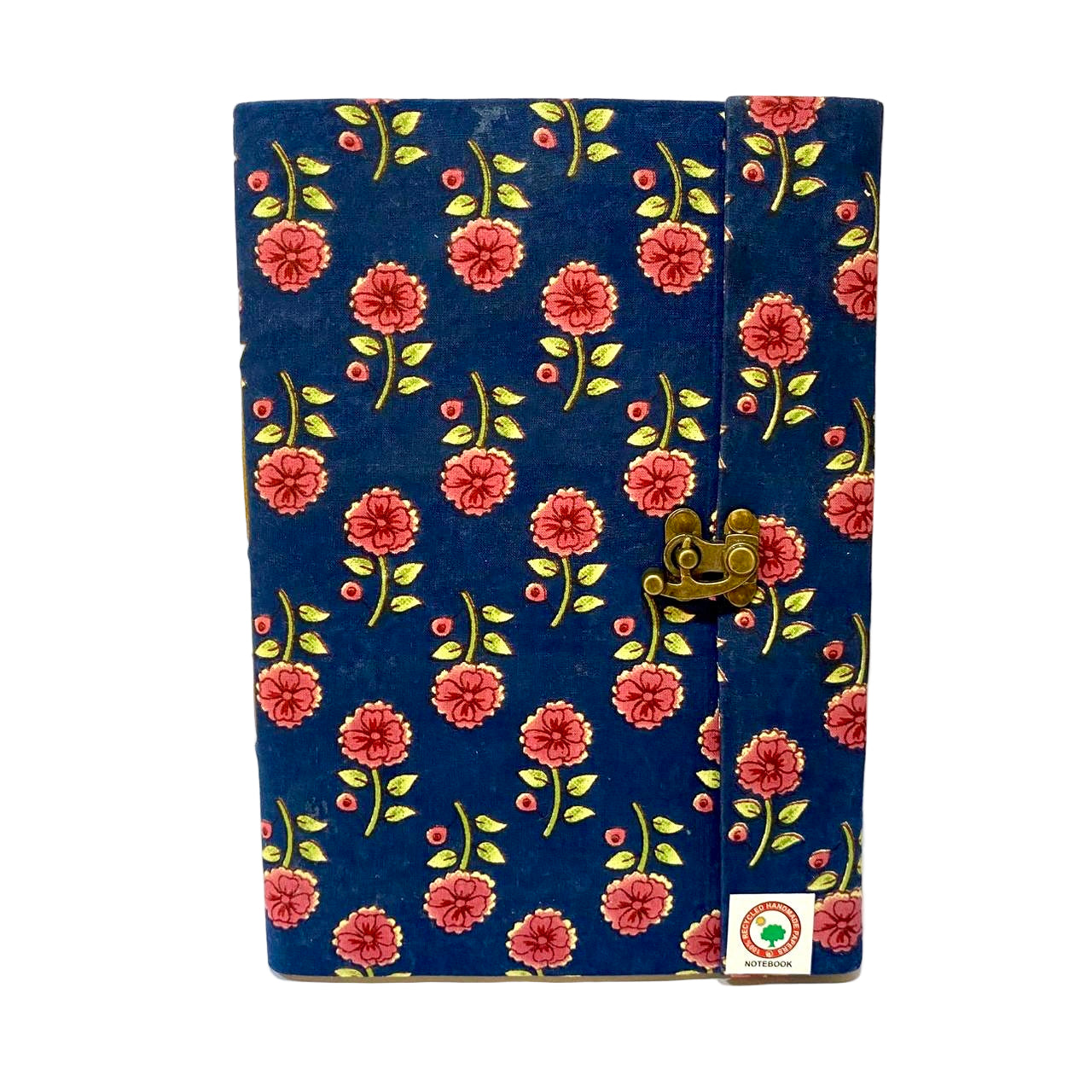 Floral-patterned notebook with a lock on a white background