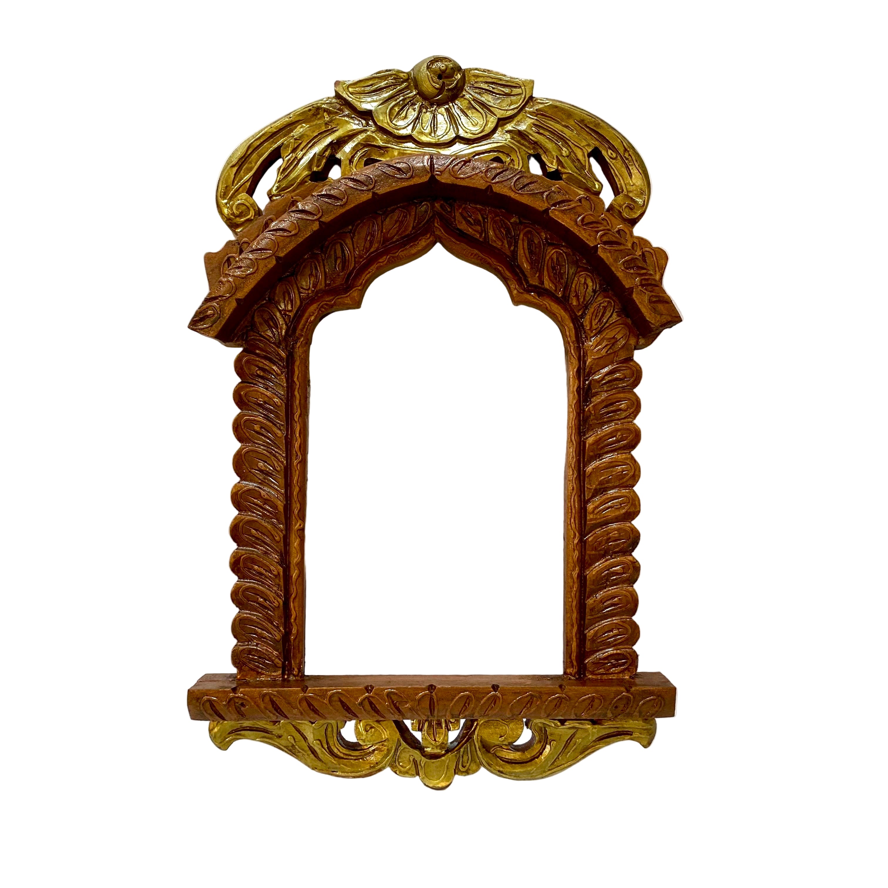 Decorative wooden frame with gold accents on a white background