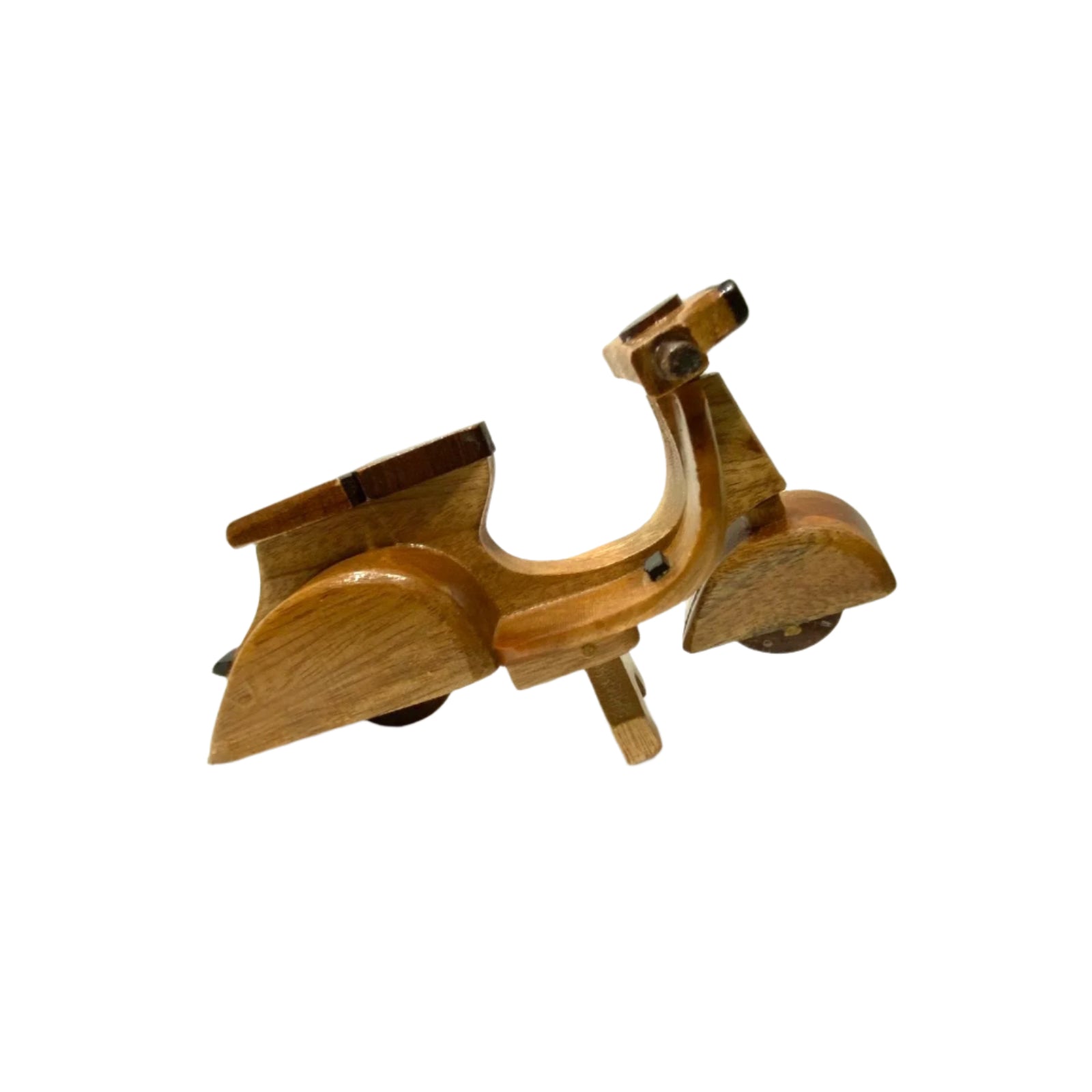 Wooden toy scooter on a white surface with a light gray background